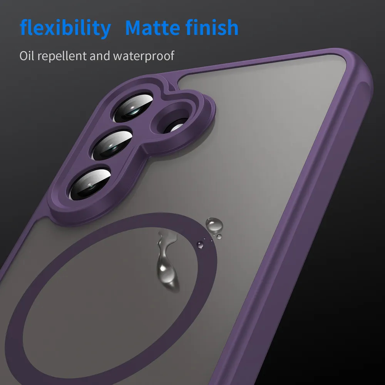 Paarse telefoonhoes met camera-uitsparing en waterdruppels. Flexibel, mat, olie- en waterafstotend.