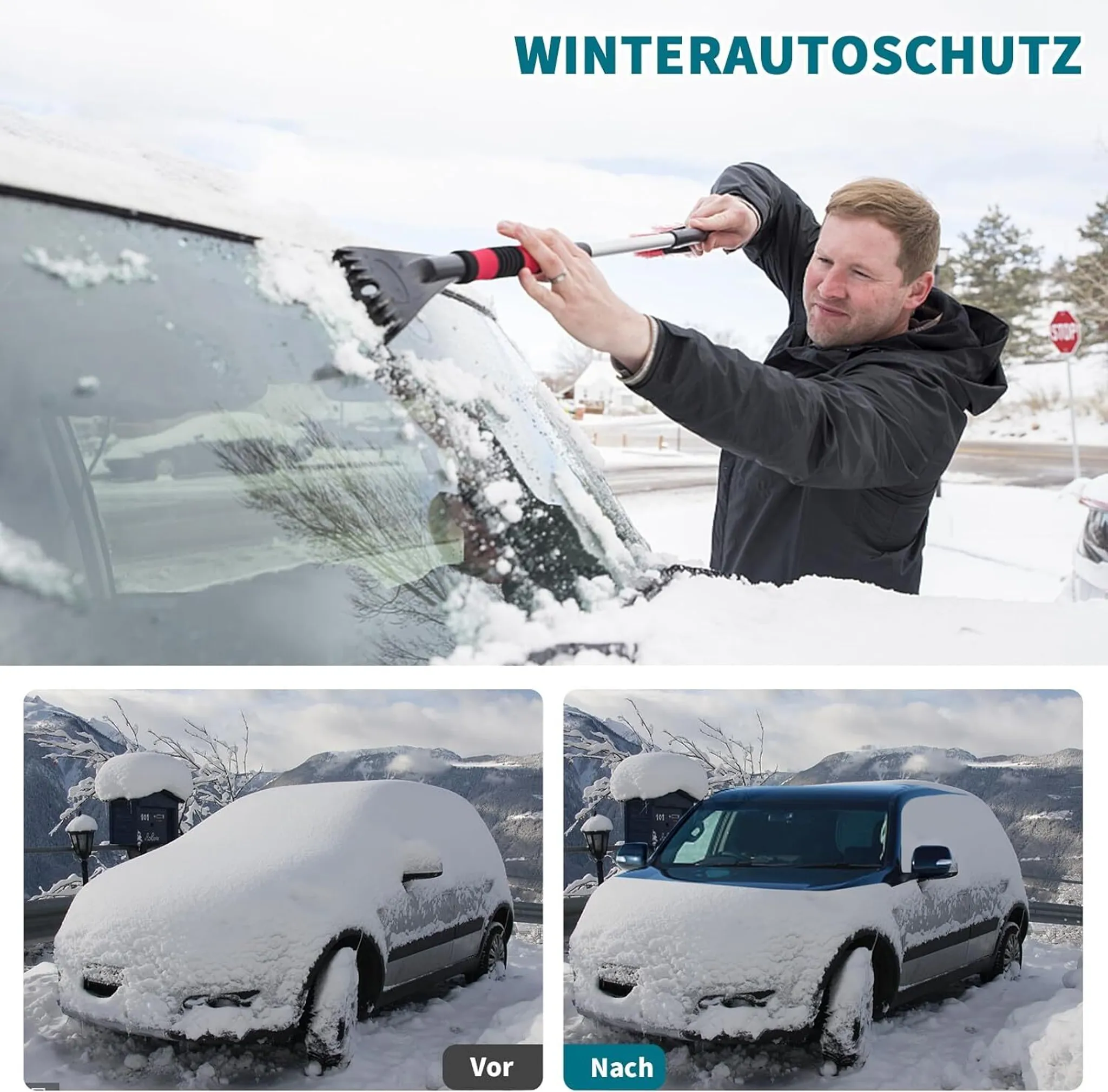 Mann kratzt Schnee von Windschutzscheibe, daneben Autos vor und nach der Reinigung.