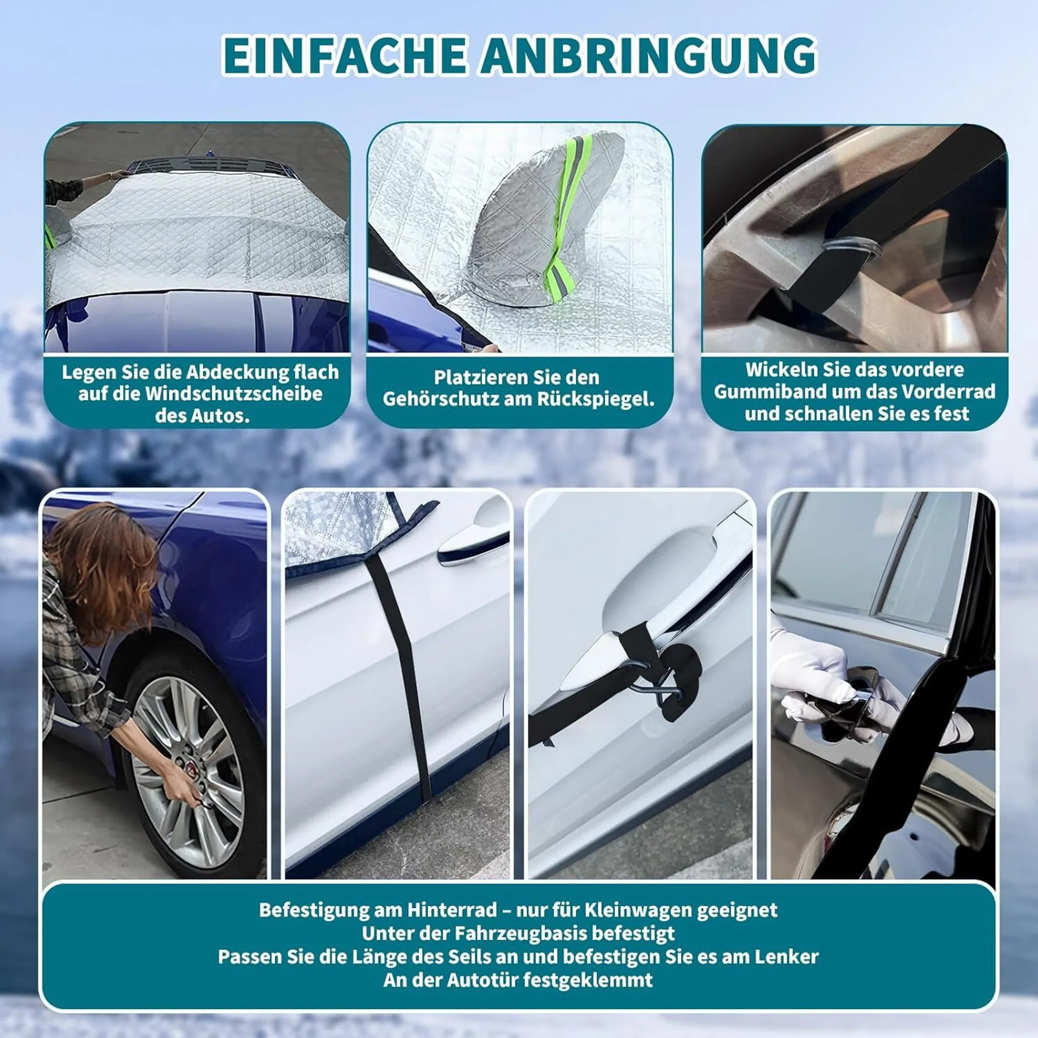Auto-Abdeckung: Anbringung an Windschutzscheibe, Spiegel, Rad und Tür.
