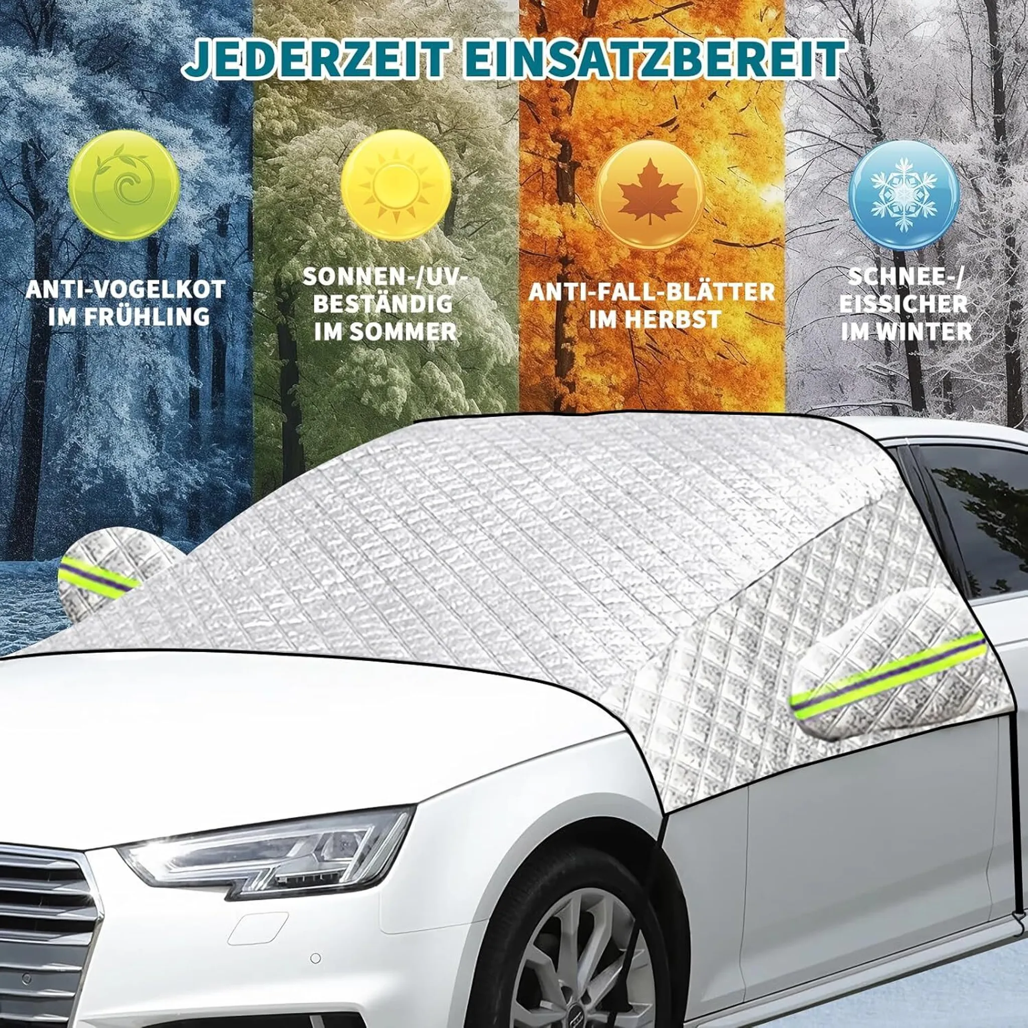 Eine weiße Autoabdeckung wird auf einem weißen Auto gezeigt. Überlagert sind vier Jahreszeiten.