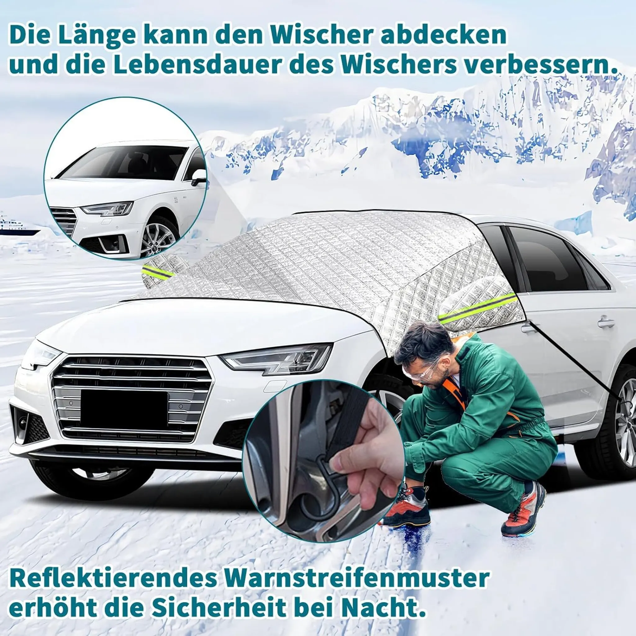 Mann befestigt Autoabdeckung im Schnee. Reflektierende Streifen.