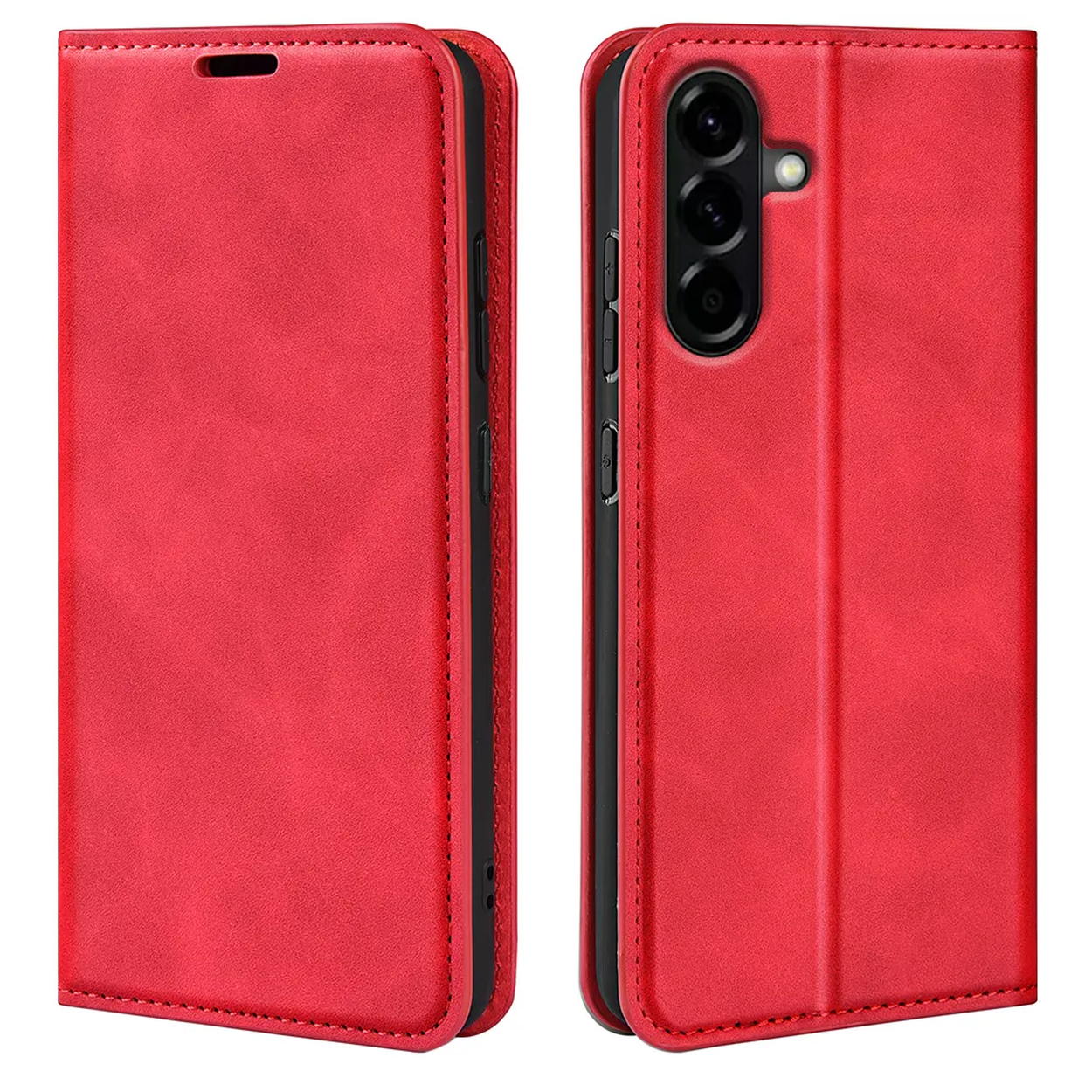 Étui rouge à rabat pour téléphone, vues avant et arrière.