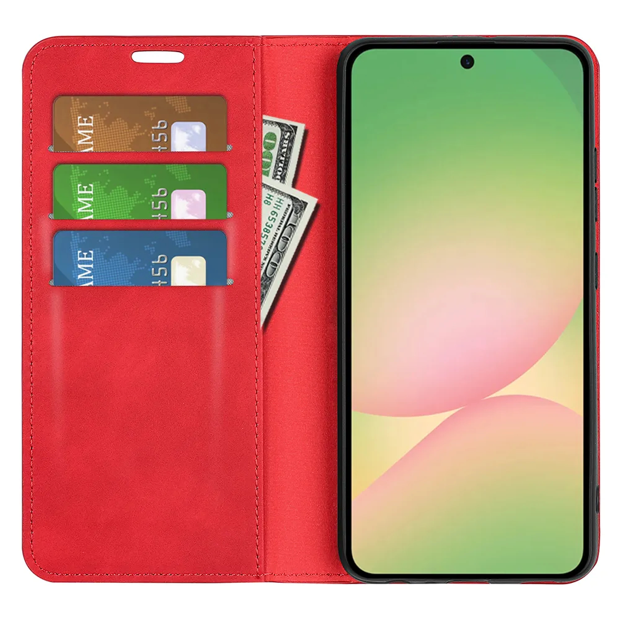 Étui de téléphone rouge avec trois fentes pour cartes et billets.