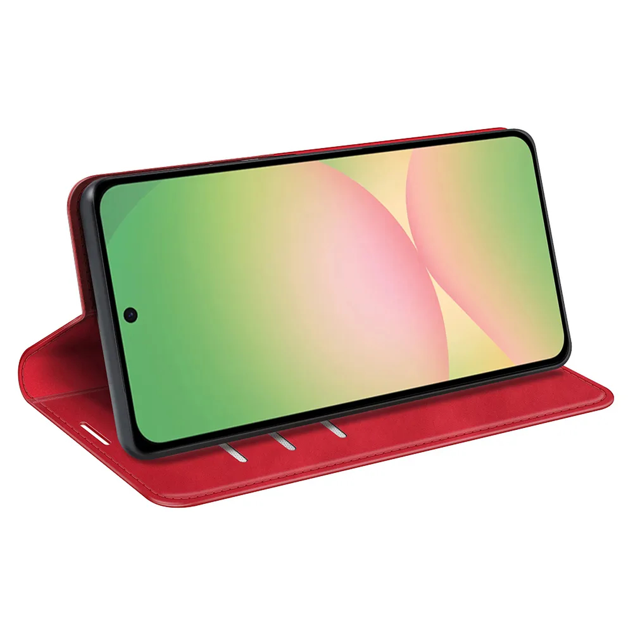 Un smartphone rouge dans un étui à rabat ouvert, avec un écran coloré.