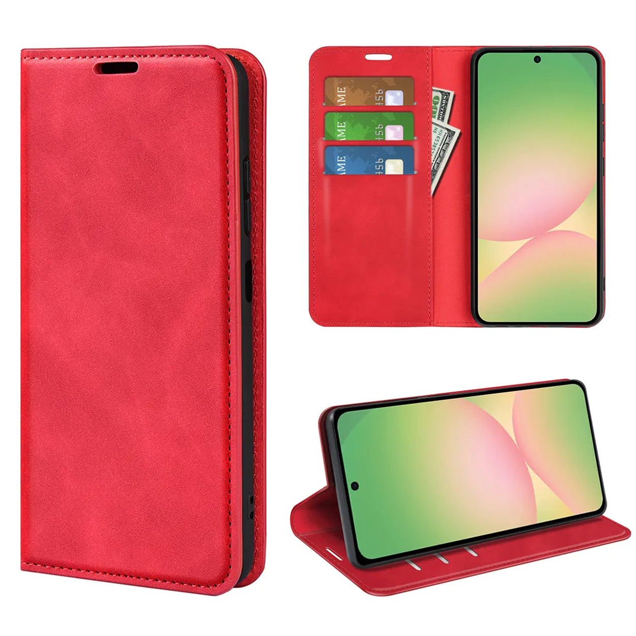 Étui rouge pour téléphone avec fentes pour cartes, montre le téléphone paysage.