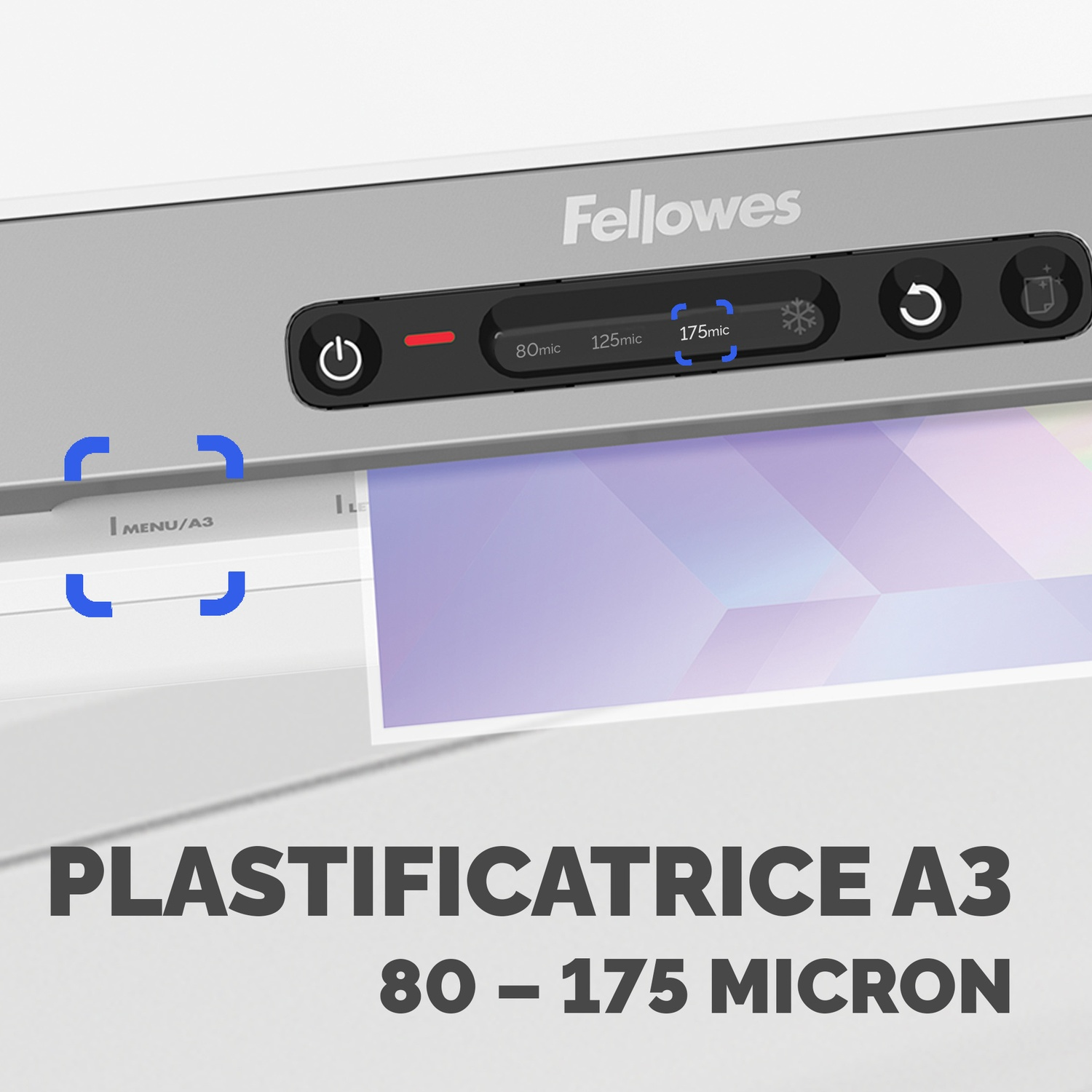 Plastificatrice Fellowes A3 con controlli e un foglio.