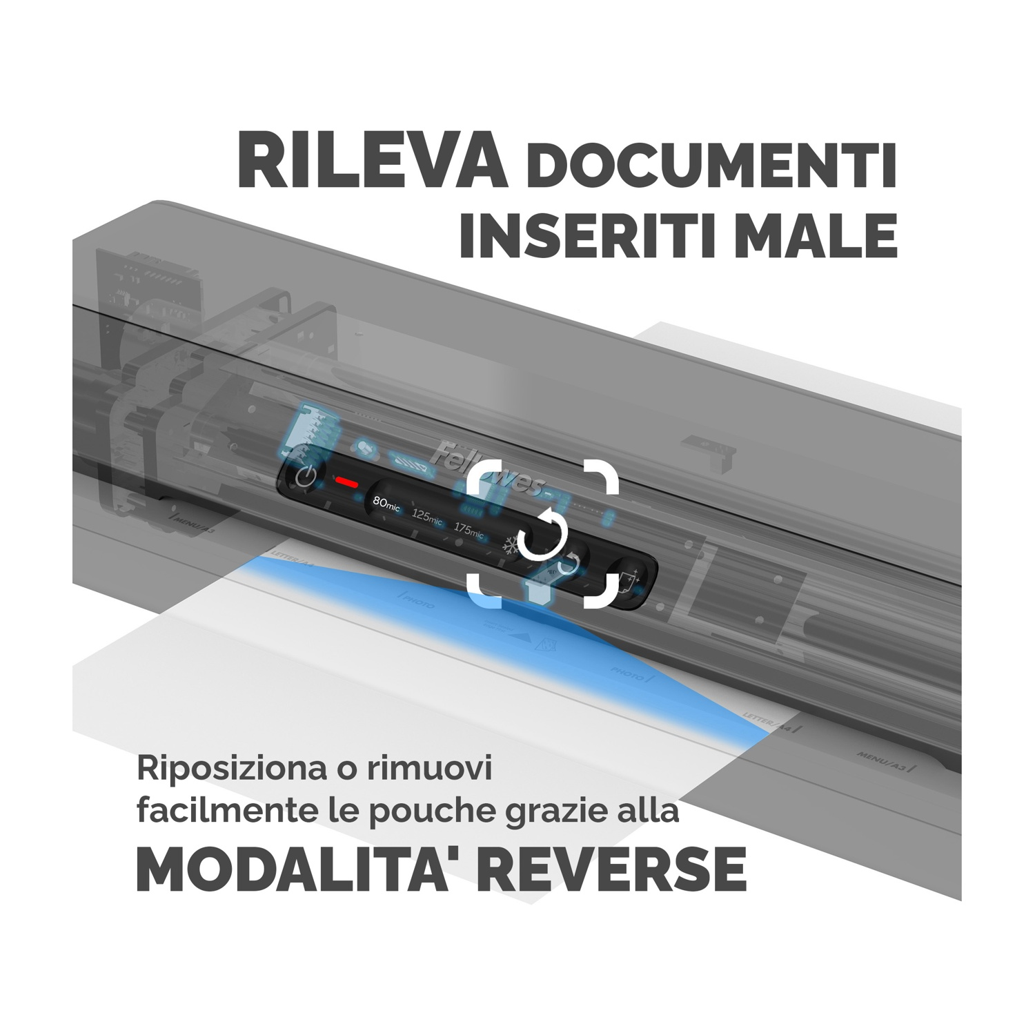 Una plastificatrice che mostra un errore per documenti inseriti male.