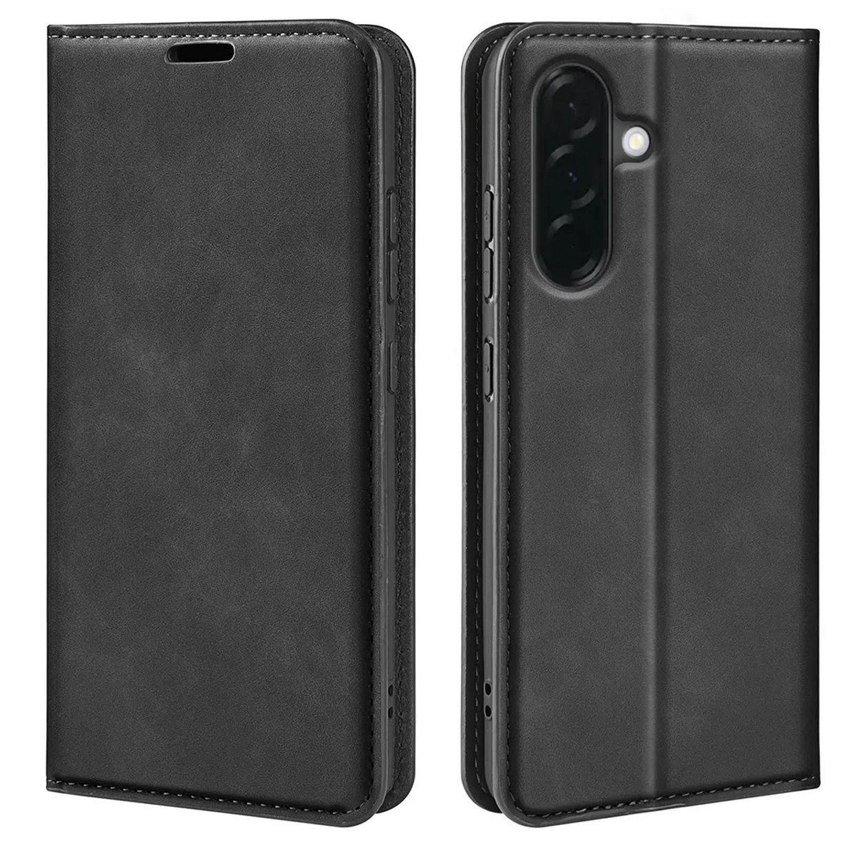 Zwart flip telefoonhoesje met camera-opening, op witte achtergrond.