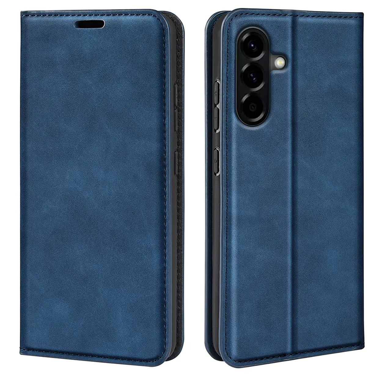 Étui de téléphone bleu foncé en cuir, ouvert et fermé, avec trois caméras.