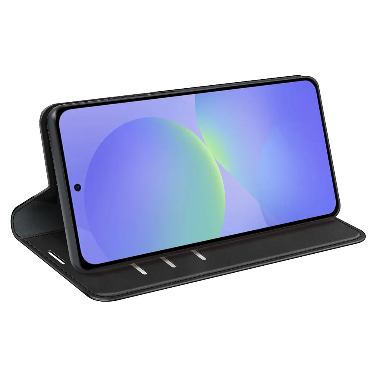 Een zwarte smartphone in een open hoesje, met een blauw en groen scherm.