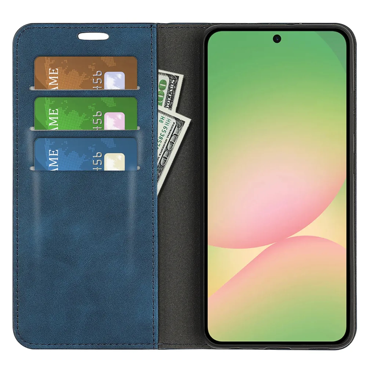 Étui de téléphone bleu avec trois fentes pour cartes et billets.