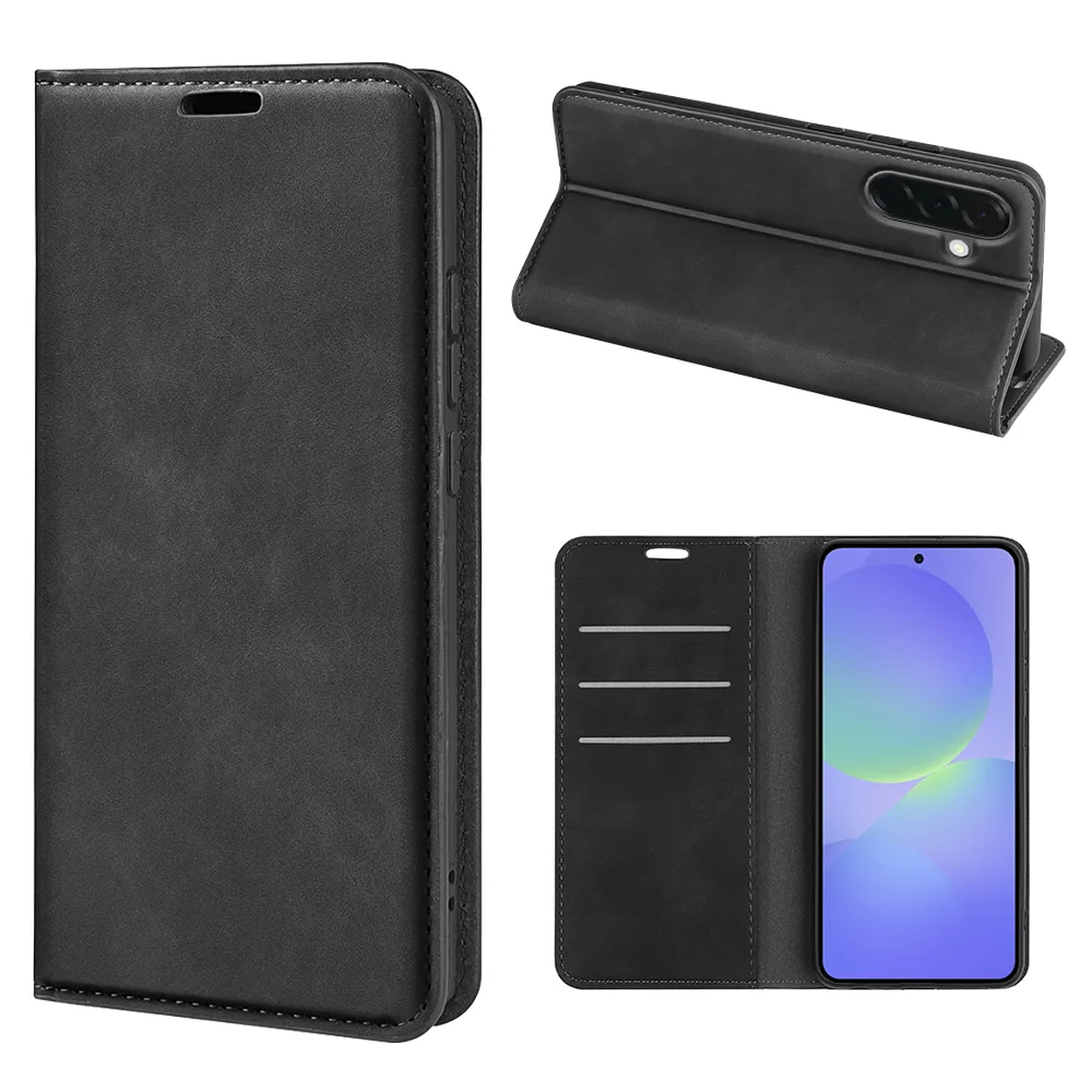 Zwarte leren flipcase voor smartphone, gesloten en open.