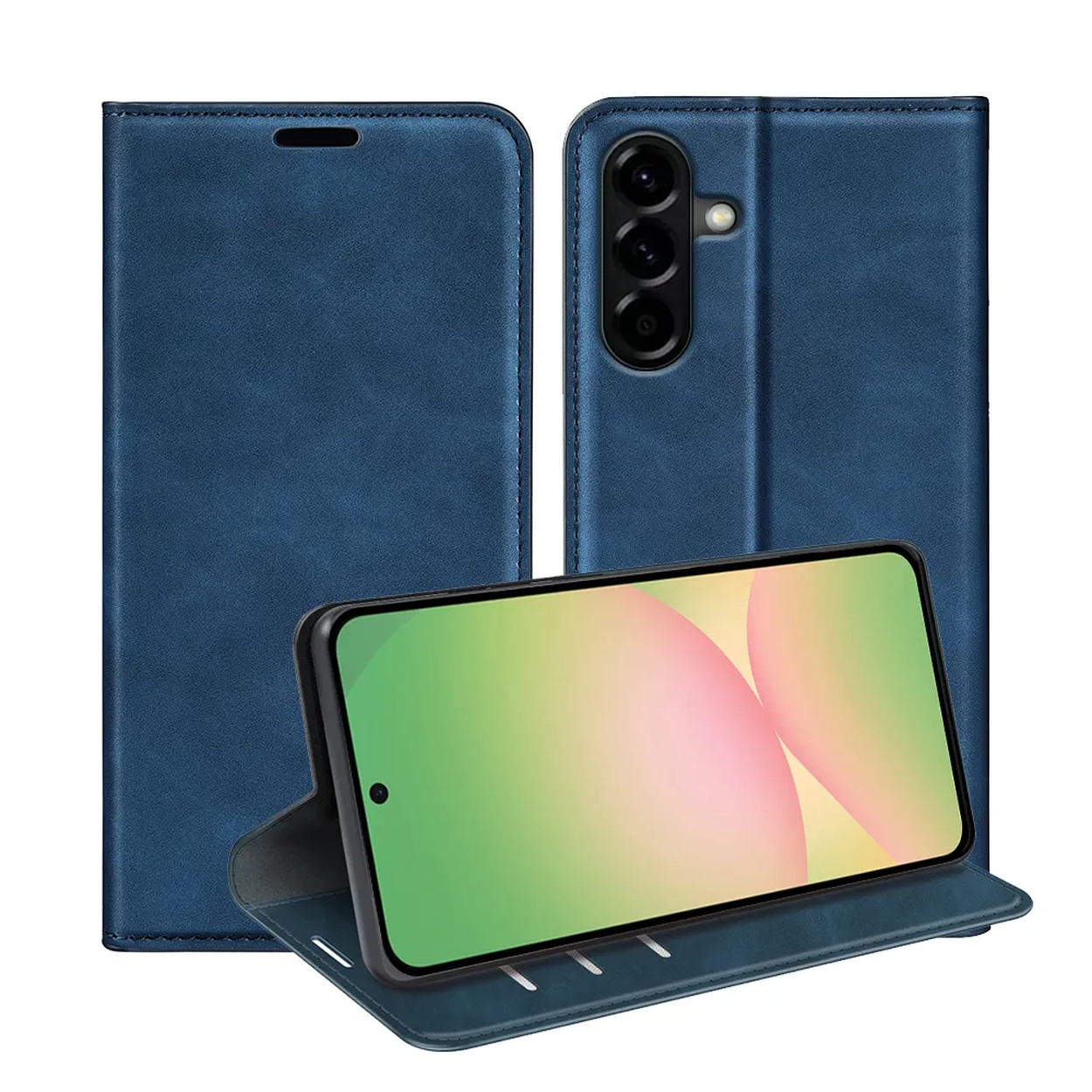 Étui de téléphone en cuir bleu avec un téléphone affichant un écran coloré.