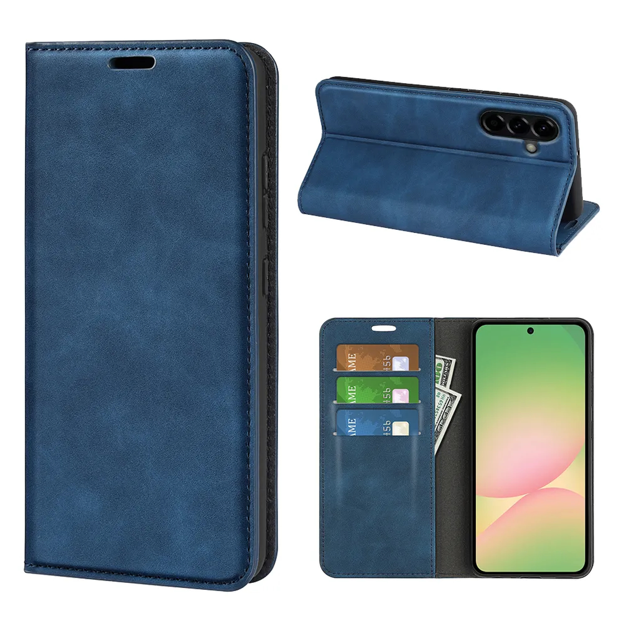 Étui de téléphone en cuir bleu avec fentes pour cartes et un téléphone affichant des formes pastel.