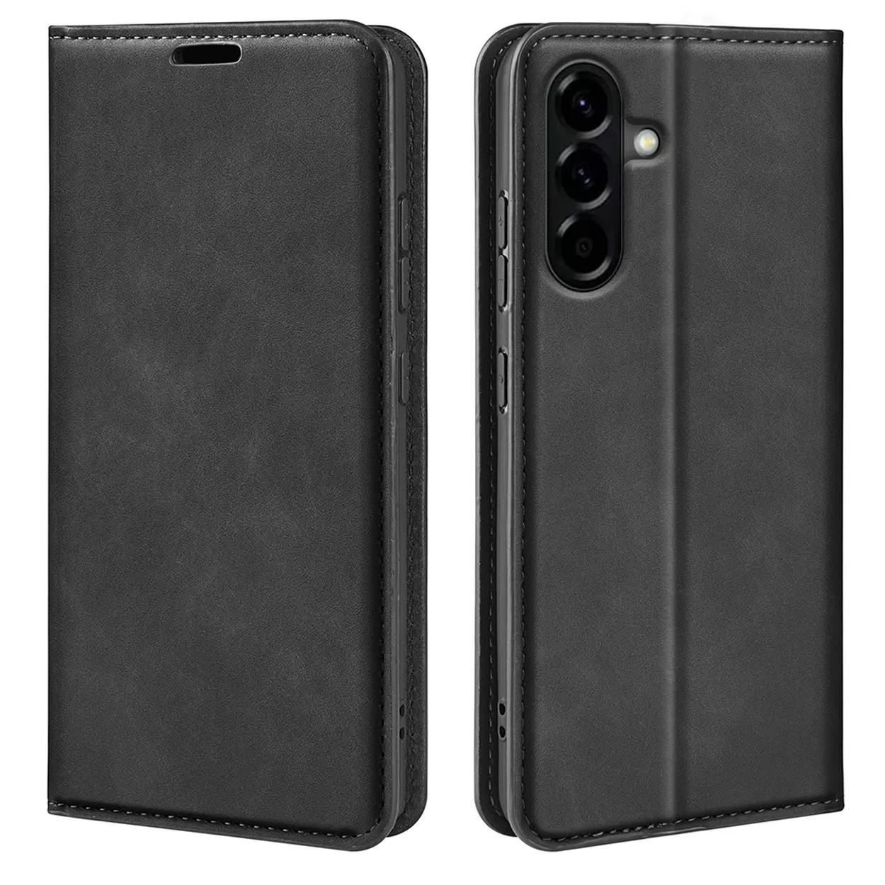 Étui de téléphone à rabat en cuir noir, vue avant et arrière.