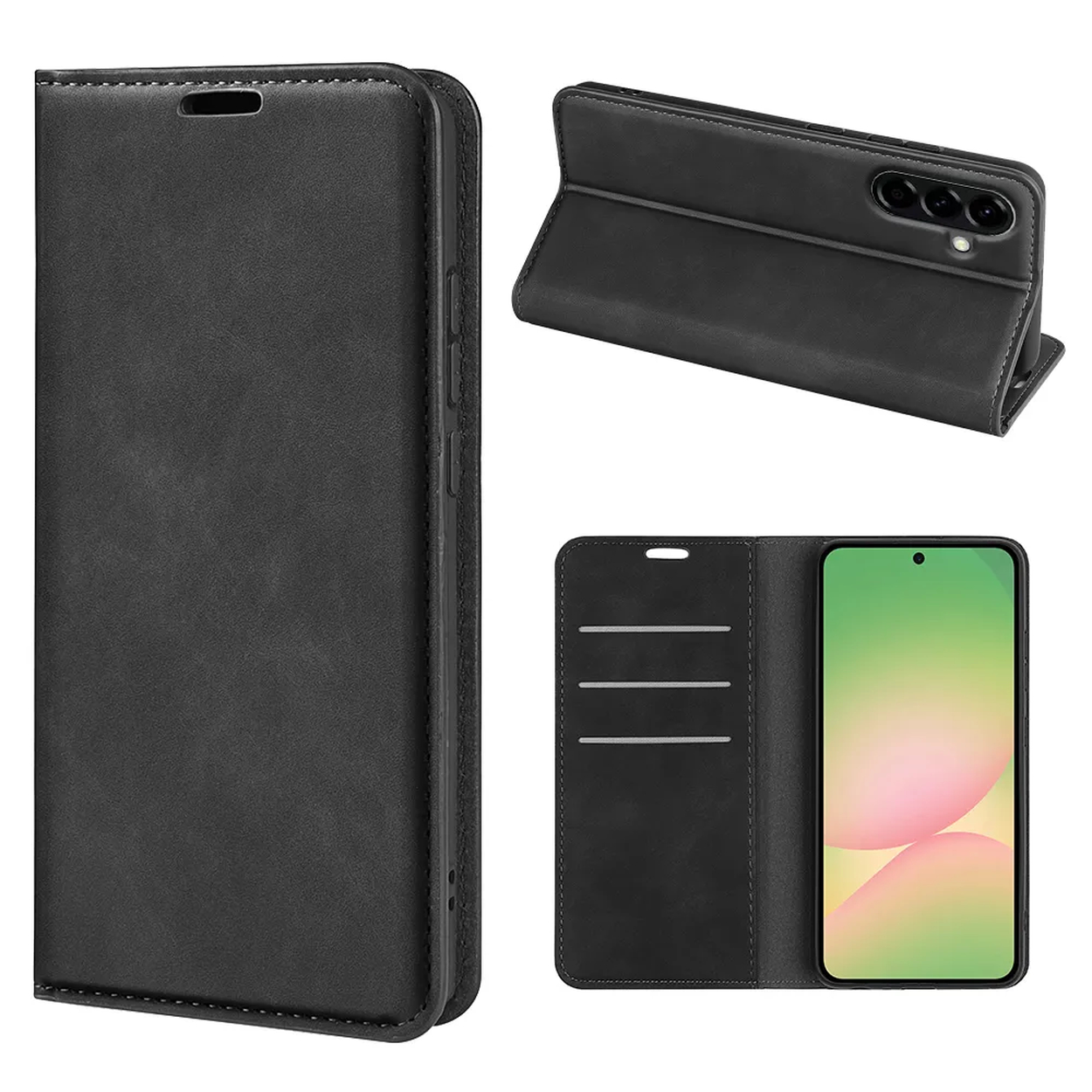 Étui de téléphone à rabat noir, vu fermé, sur pied et ouvert avec téléphone.