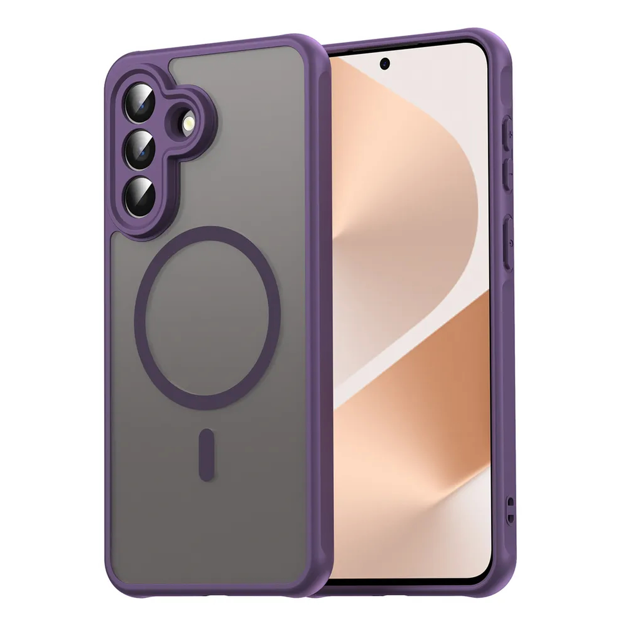 Coque de téléphone violette avec dos transparent et anneau magnétique MagSafe.