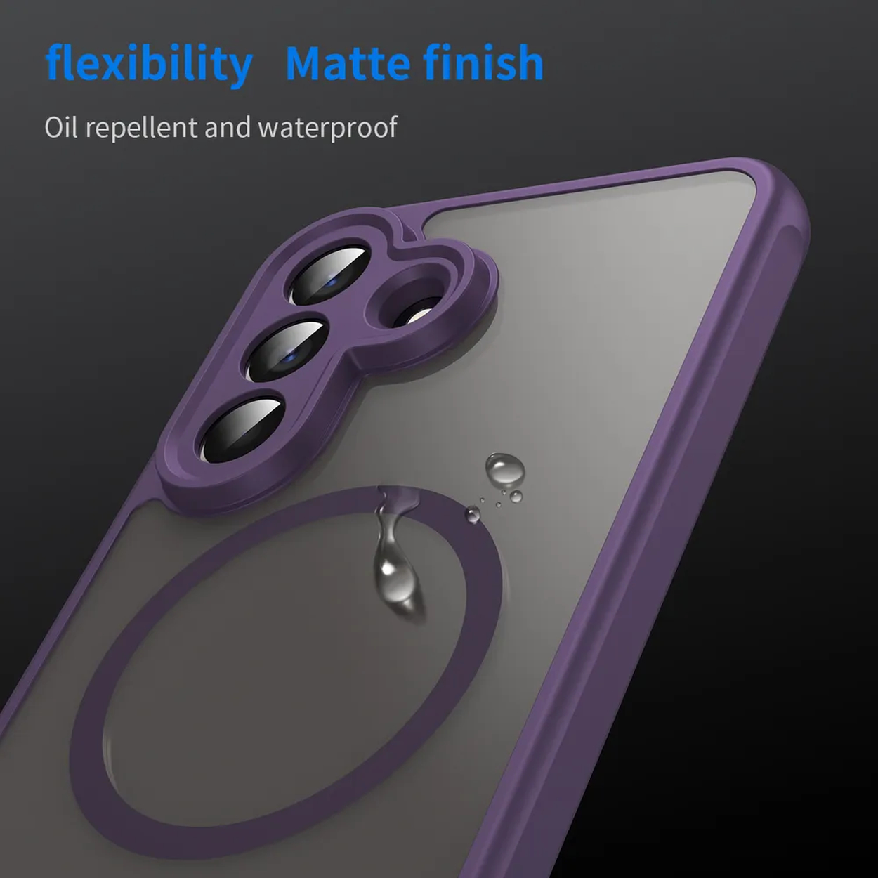 Coque violette pour téléphone avec découpe caméra, gouttes d'eau. Flexible, mate, résistante.