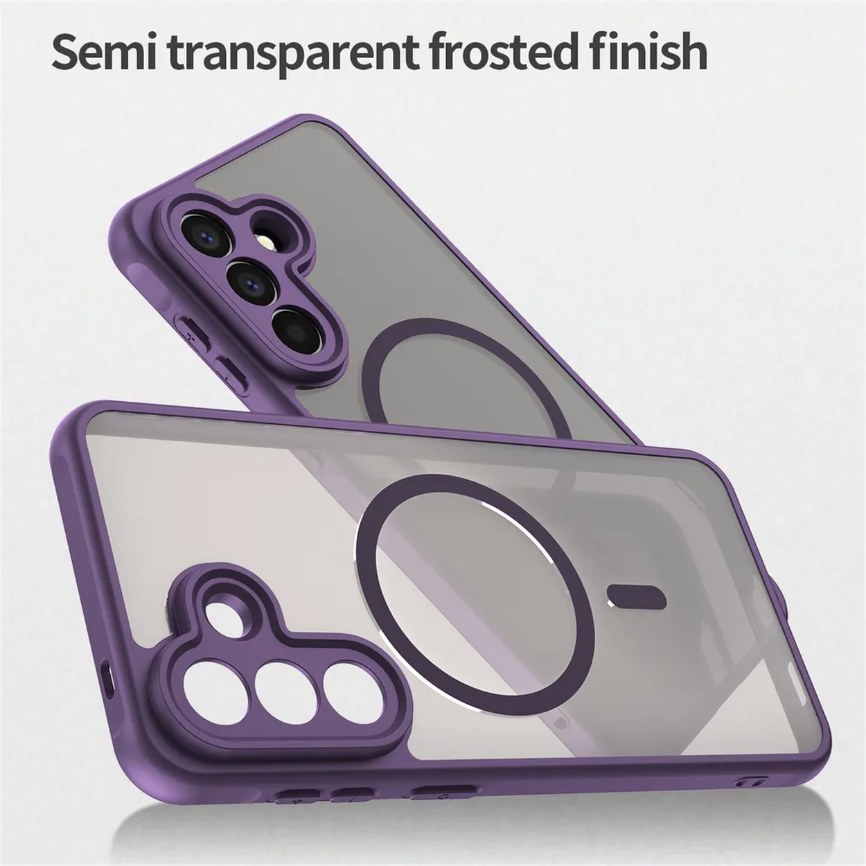 Deux coques de téléphone violettes semi-transparentes finition dépolie avec découpes caméra.