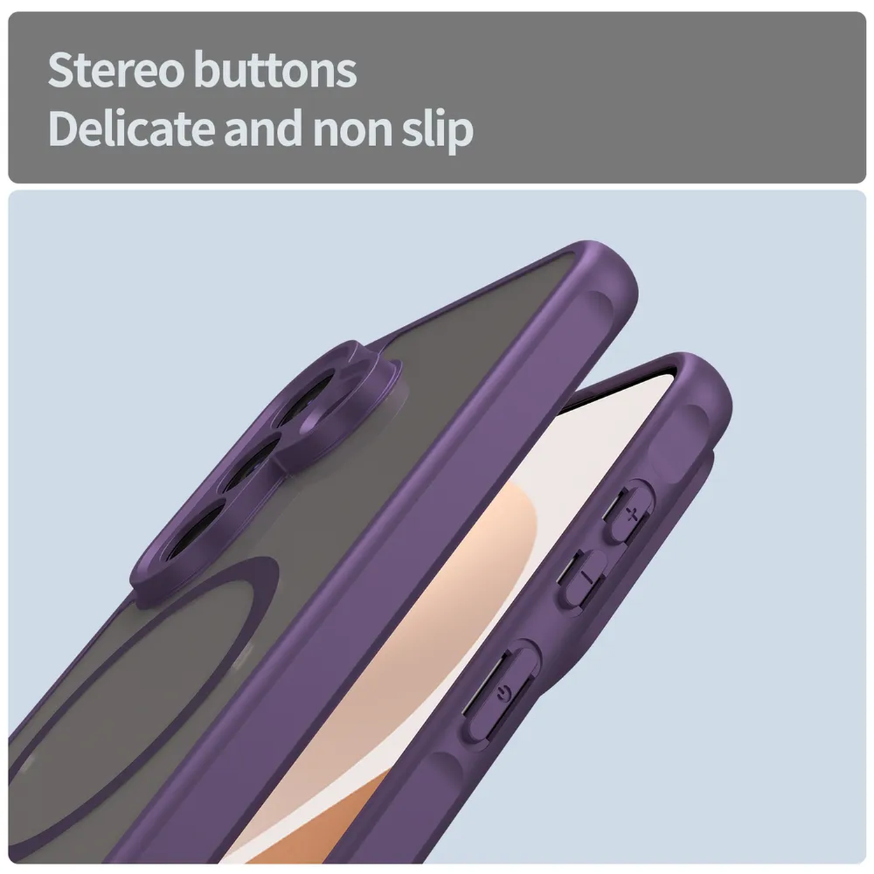 Coque de téléphone violette avec boutons stéréo et découpe caméra.