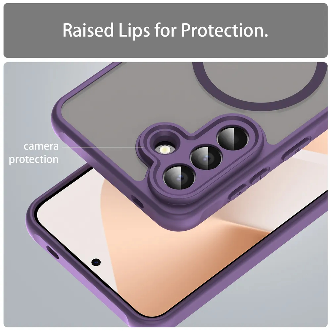 Coque de téléphone violette avec protection de caméra, sur un smartphone.