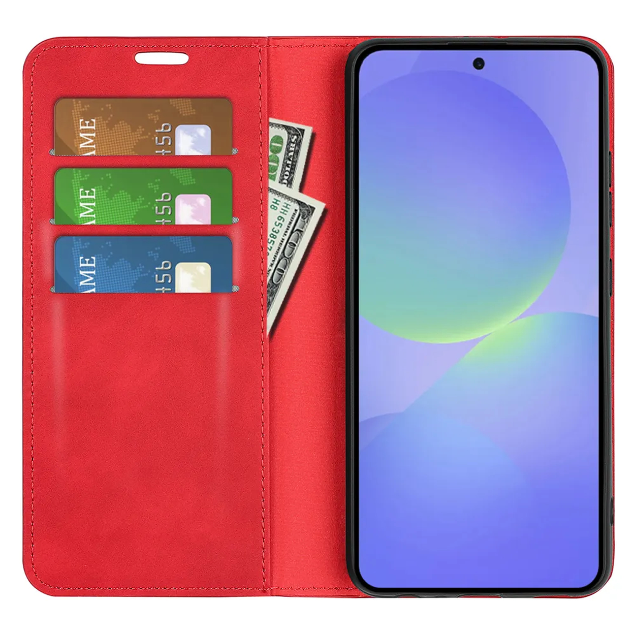 Rode telefoonhoes met kaartsleuven en bankbiljetten, smartphone display.