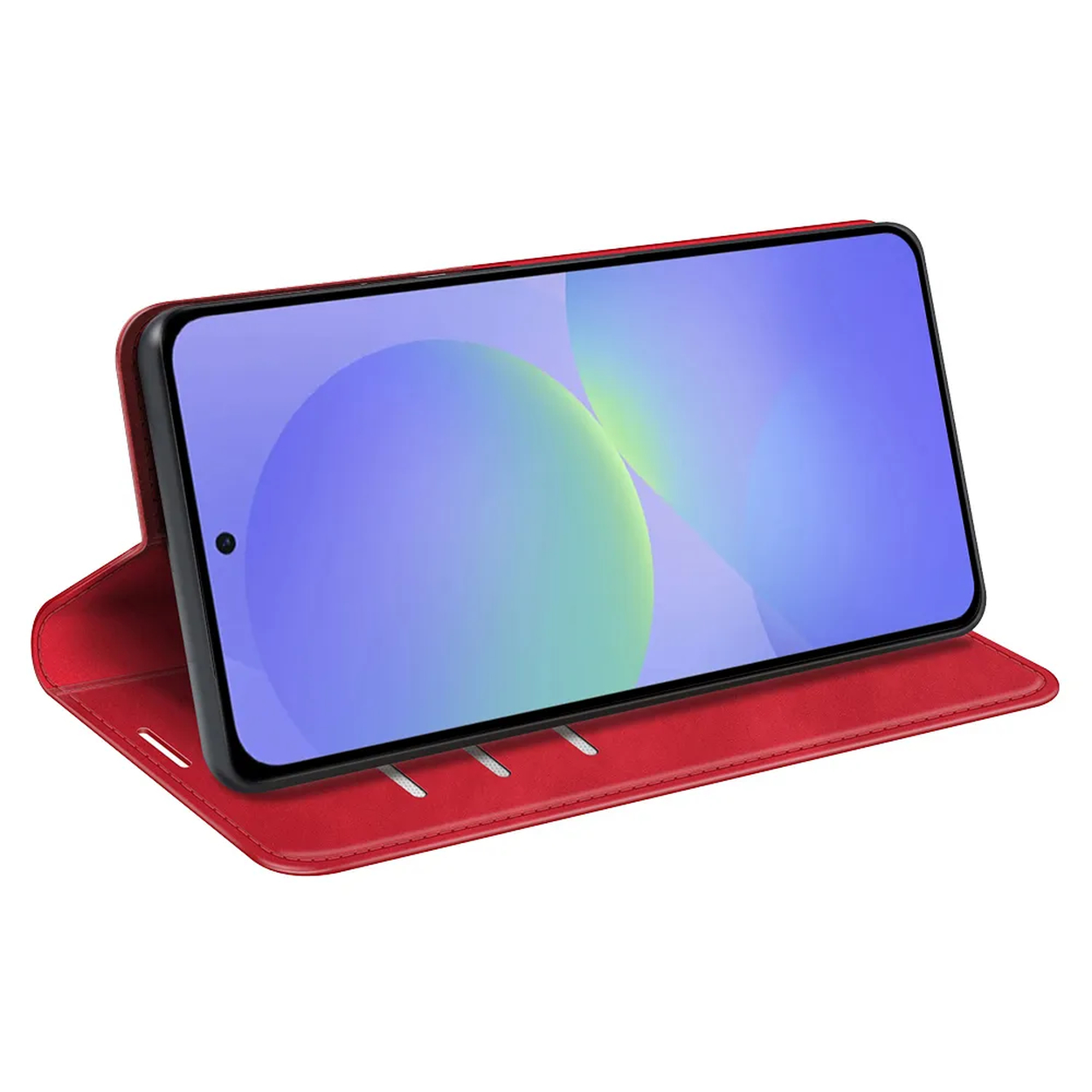 Rode flip case met een smartphone op het scherm.