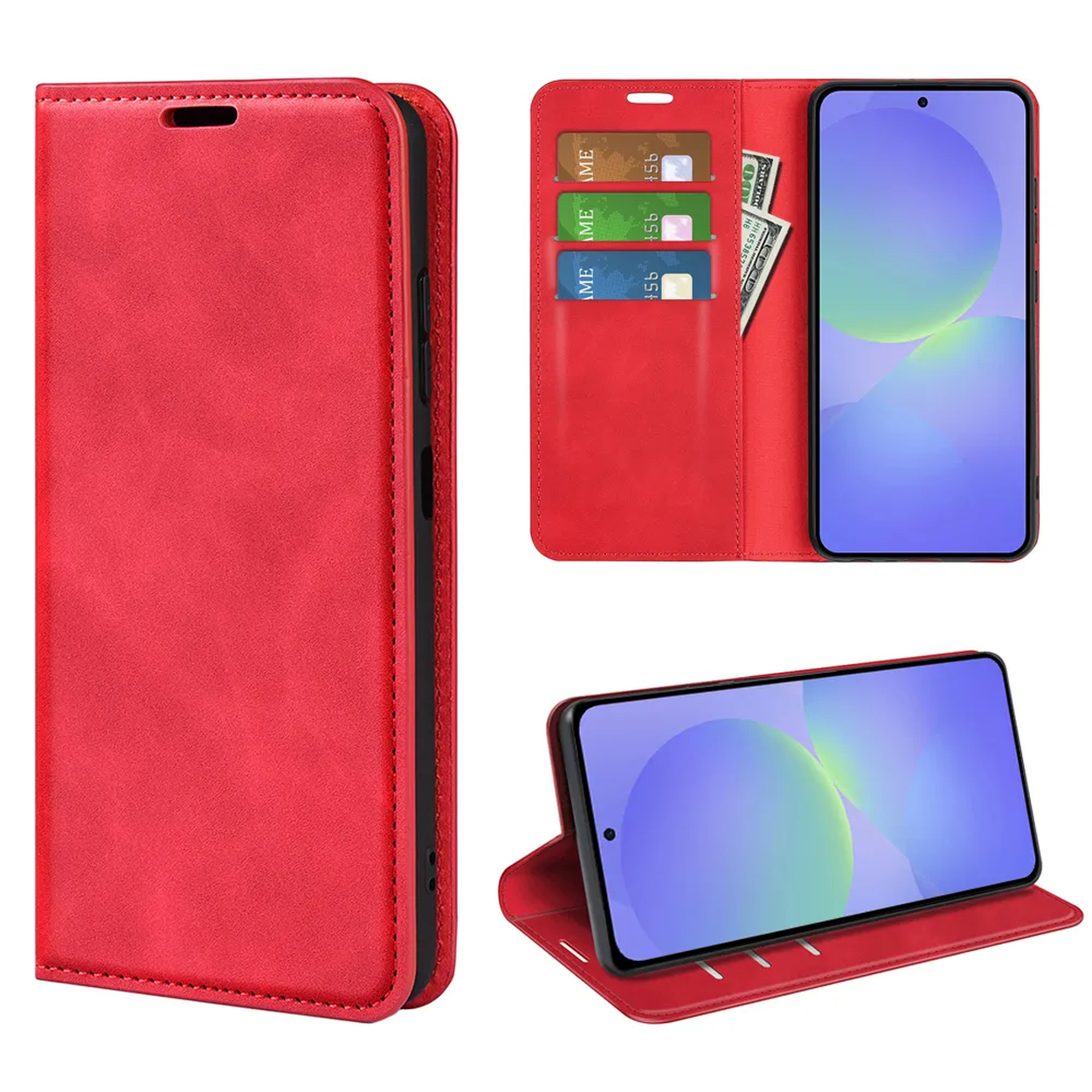 Rood telefoonhoesje met kaarthouders en geld, flip-stijl.