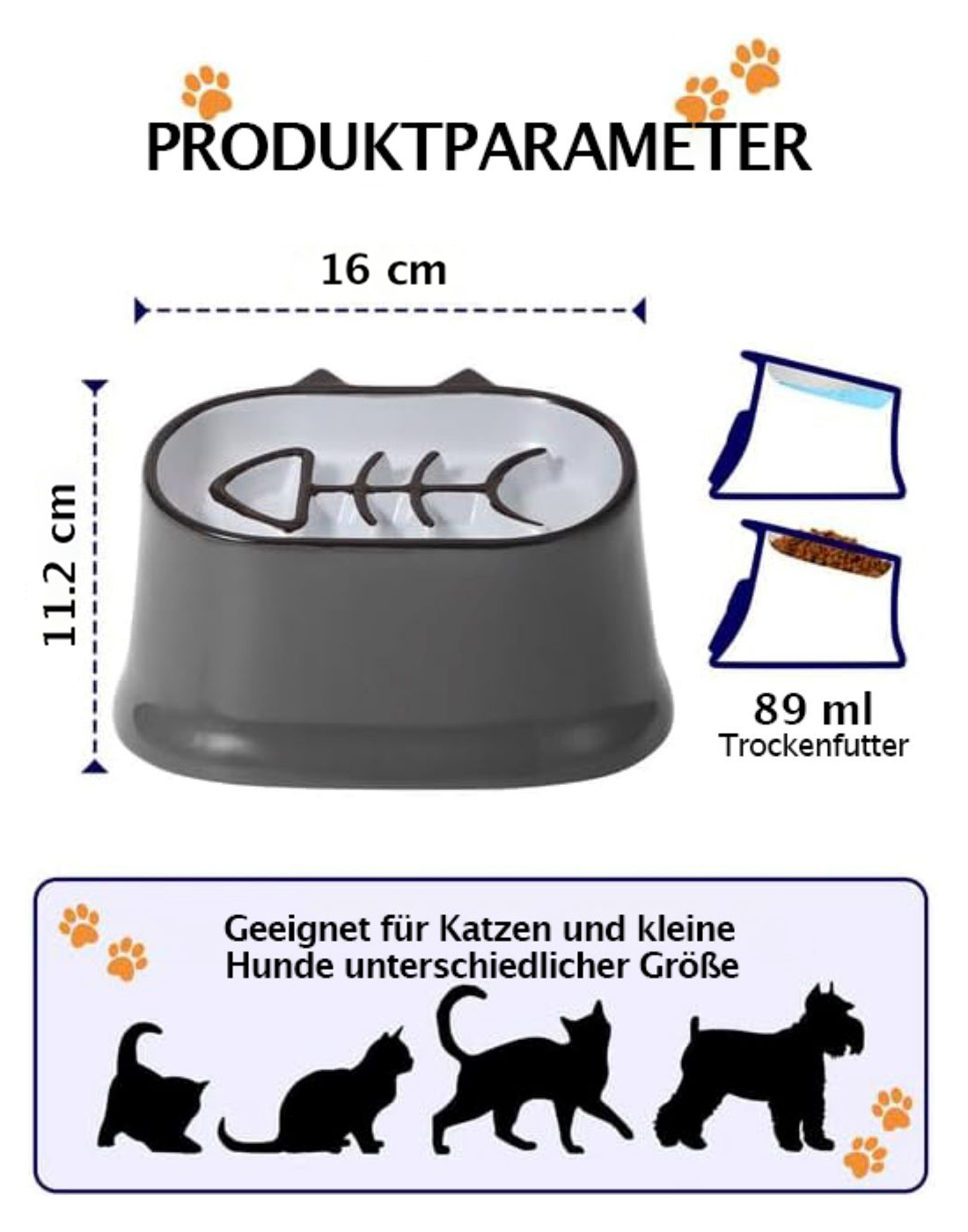 Grauer Futternapf für Katzen/Hunde, 16x11.2cm, 89ml Kapazität.