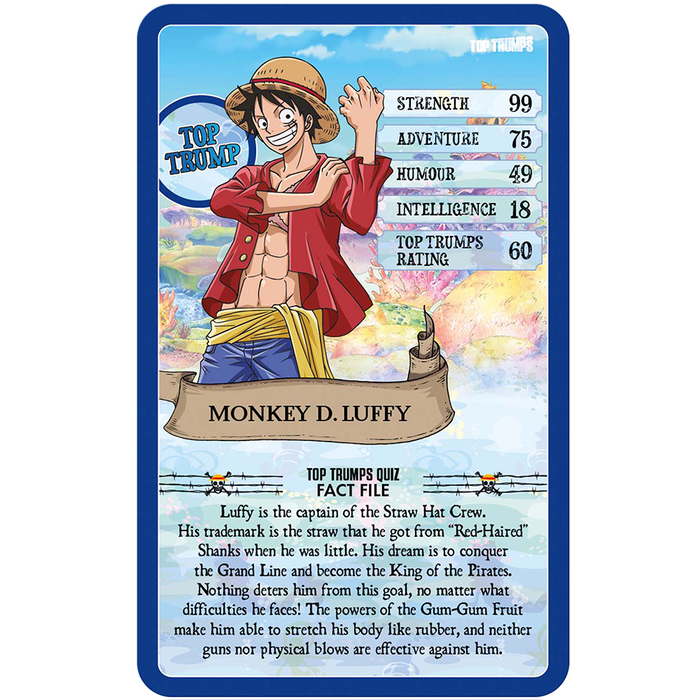 Luffy di One Piece con maniche rosse e cappello di paglia su una carta Top Trumps.