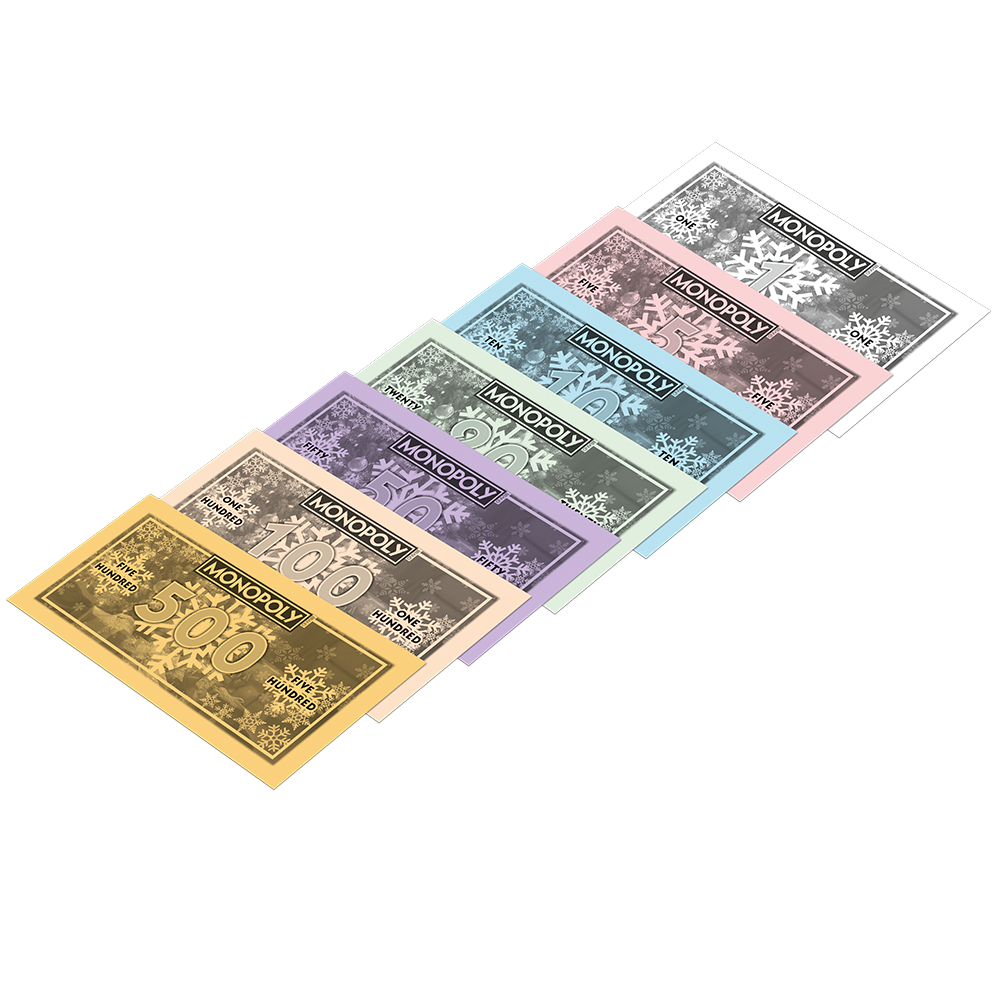 Soldi Monopoly con motivo a fiocco di neve in vari colori e valori.