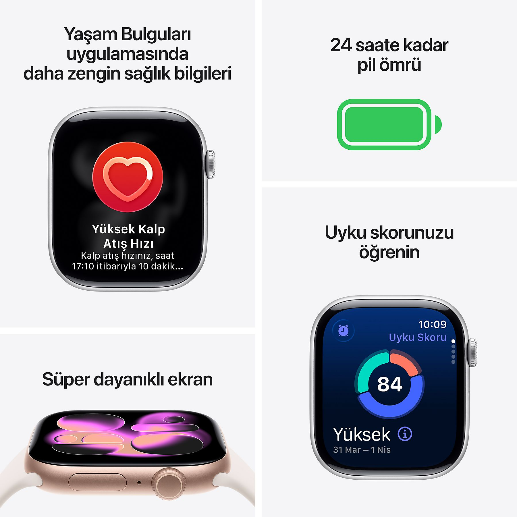 Kalp atış hızı, pil, uyku skoru ve ekran gösteren akıllı saat.