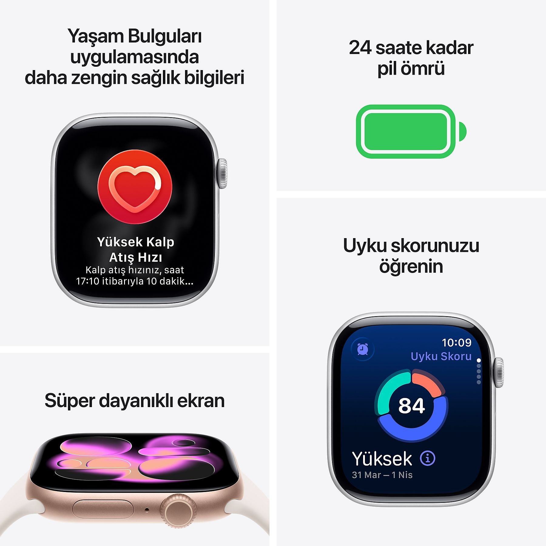Akıllı saat sağlık verileri, pil ömrü, uyku skoru ve dayanıklı ekran gösterir.