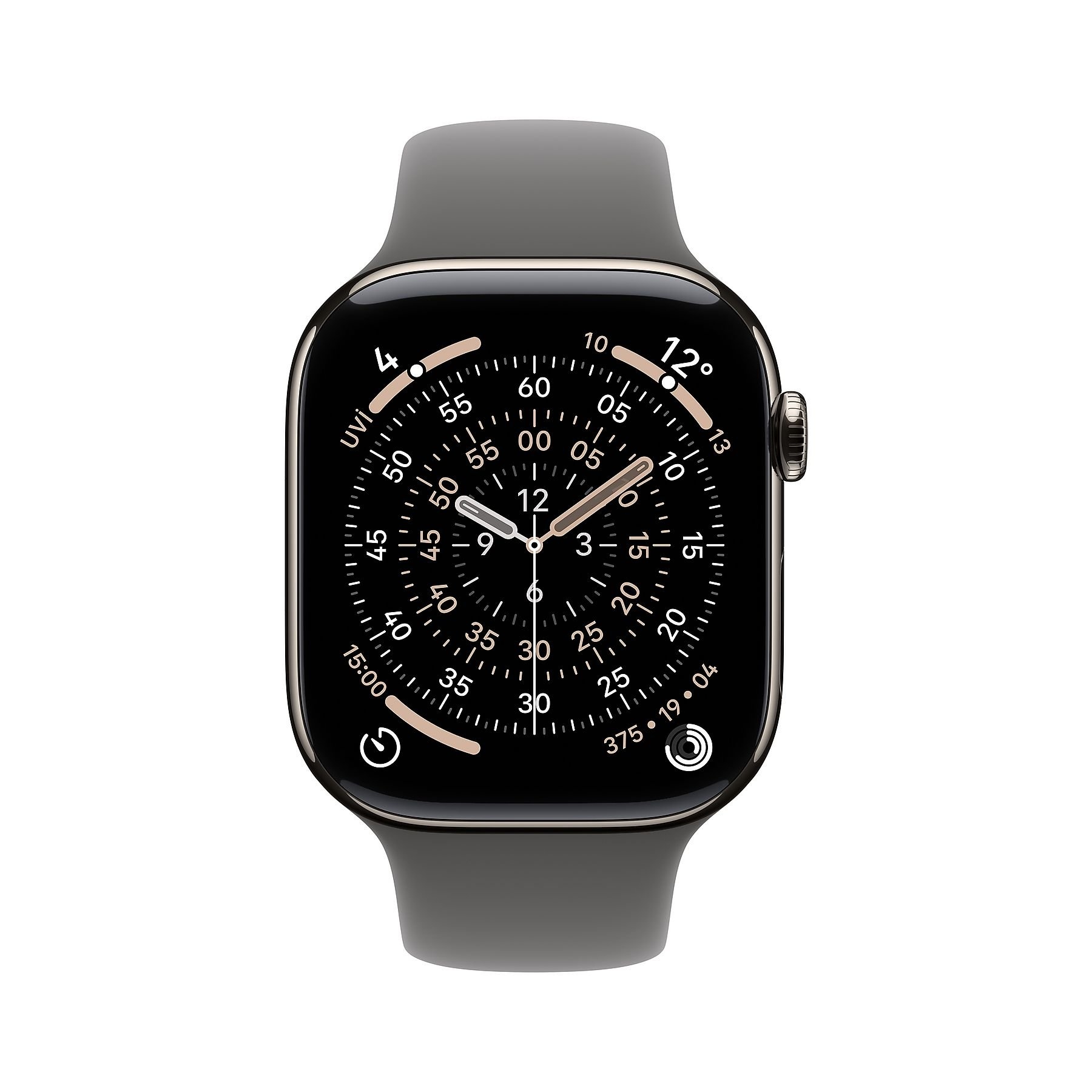 12:09'u gösteren koyu kadranlı gri Apple Watch.