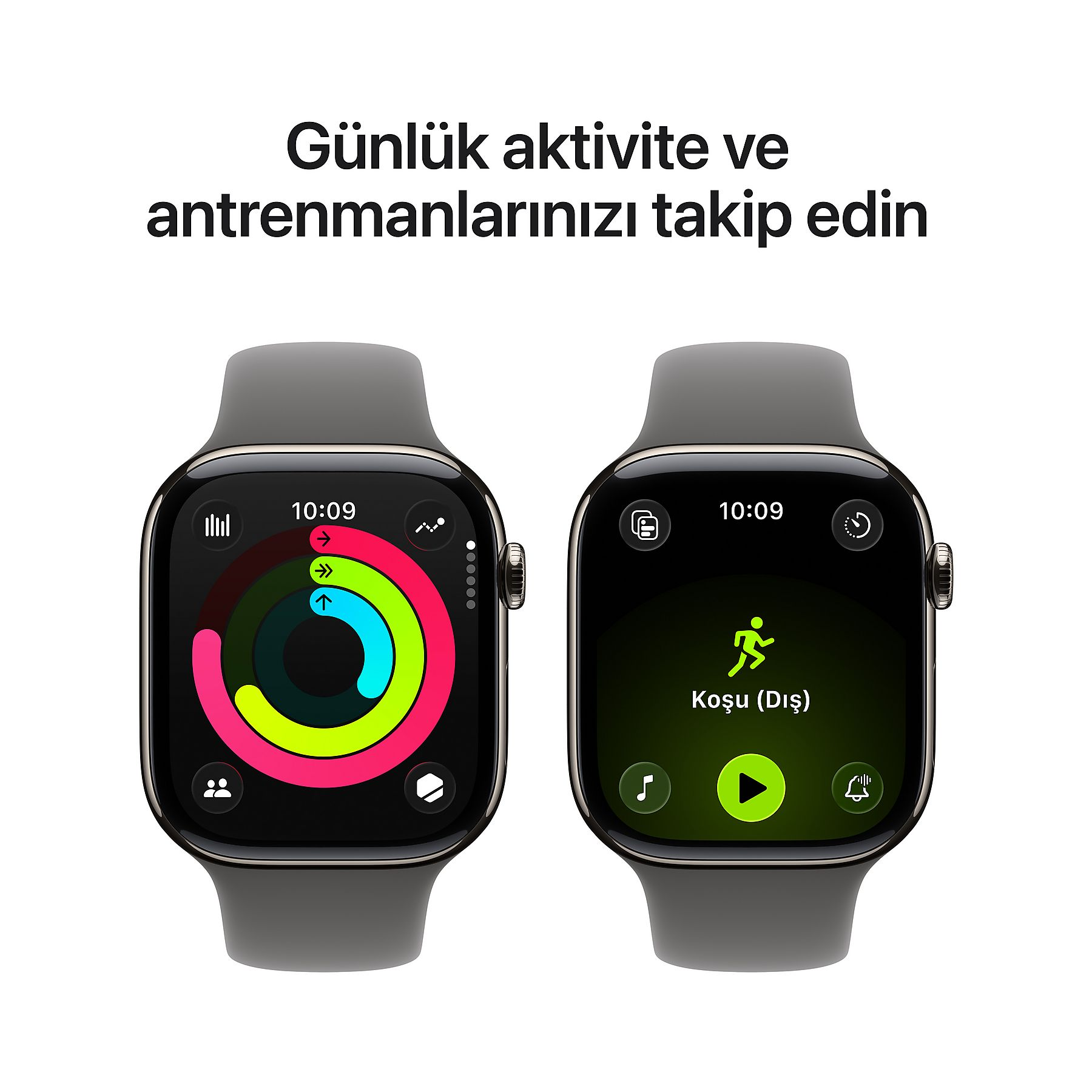İki akıllı saat aktivite halkalarını ve koşu antrenmanı ekranını gösteriyor.