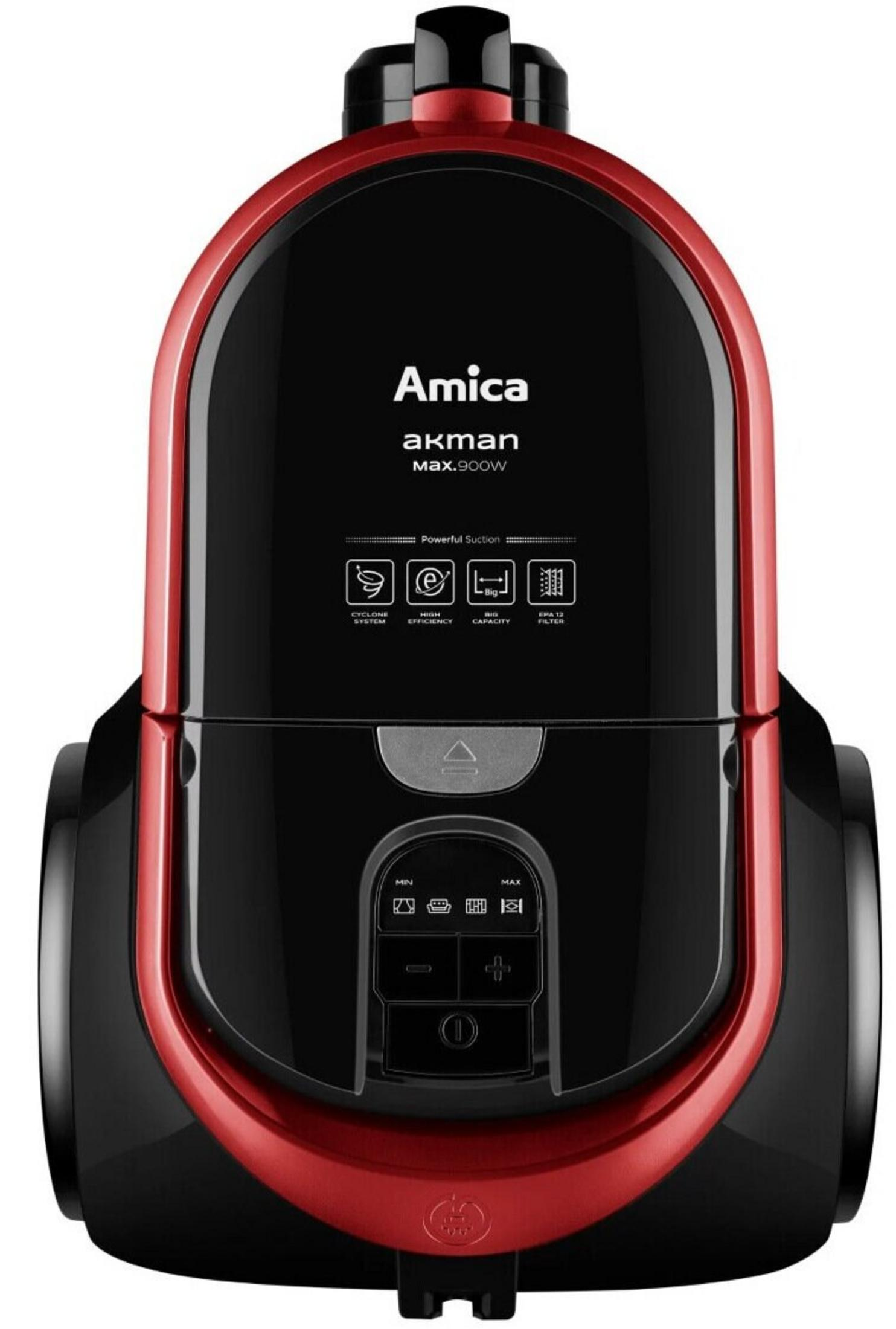 Aspirapolvere Amica rosso e nero con pannello di controllo e nome marchio.