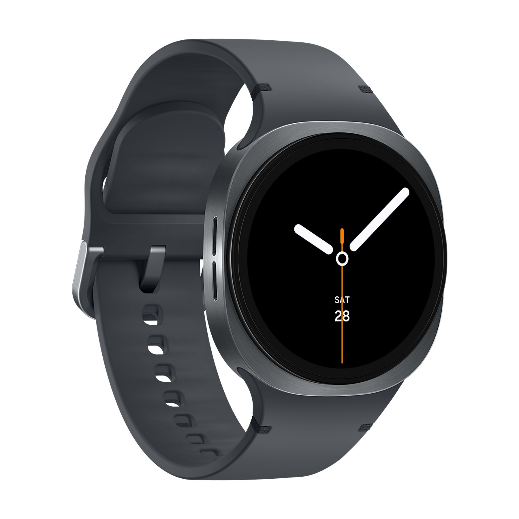 Uno smartwatch scuro con quadrante nero che mostra la data 28.