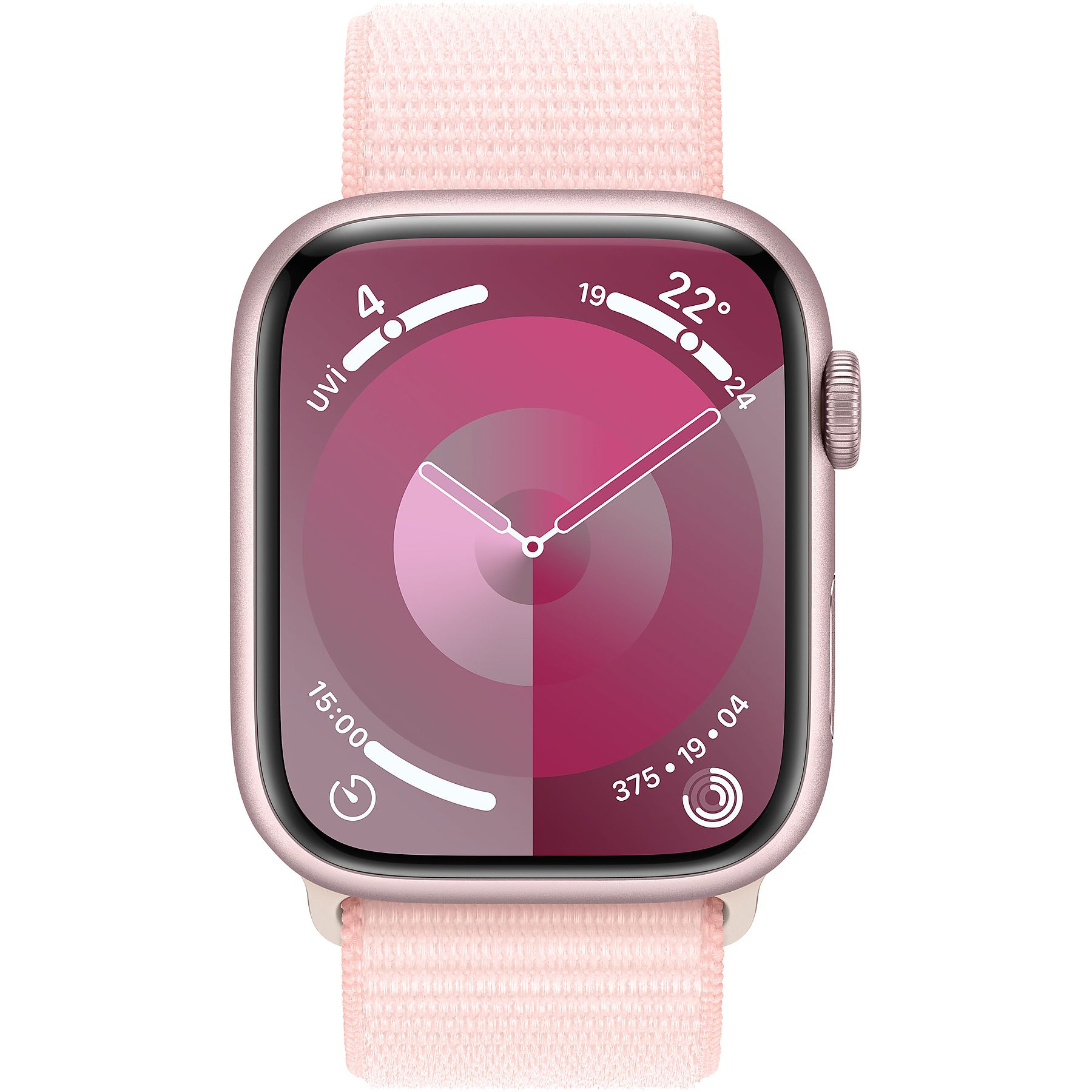 Pembe kordonlu ve pembe kadranlı pembe Apple Watch.