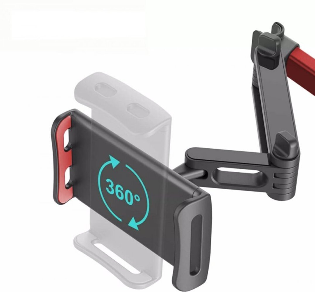 Czarny uchwyt na telefon z czerwonymi akcentami i symbolem 360°.
