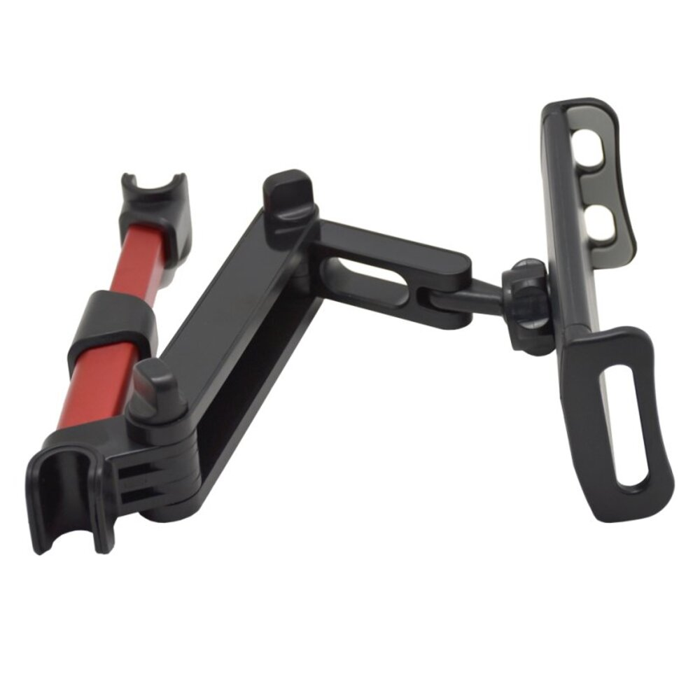 Czarny i czerwony uchwyt na tablet z regulowanymi ramionami.