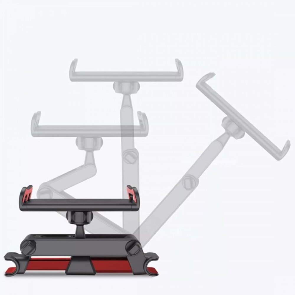 Czarno-czerwony uchwyt na tablet z regulowanym ramieniem i złączami.