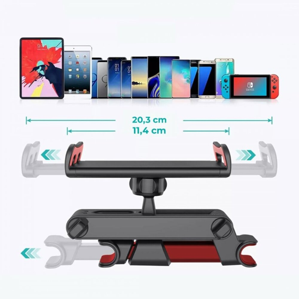 Uchwyt do tabletu z różnymi urządzeniami i wymiarami.