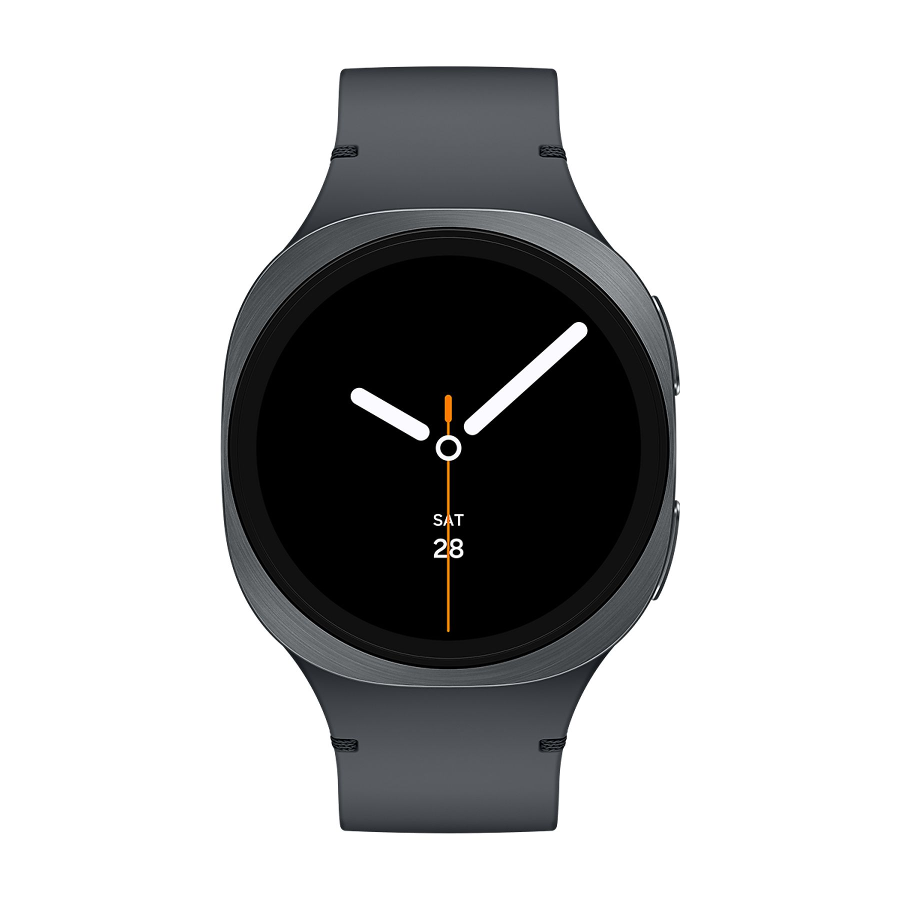 Uno smartwatch grigio con quadrante nero che mostra la data 28.