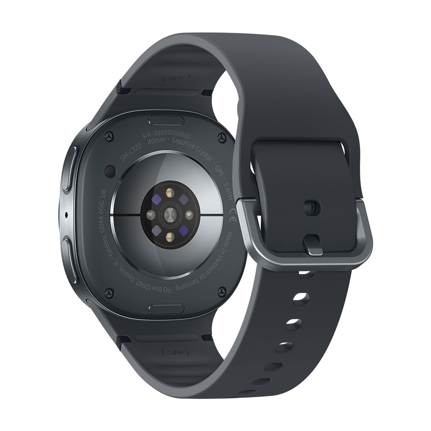 Vista posteriore di uno smartwatch scuro con cinturino nero e fibbia metallica.