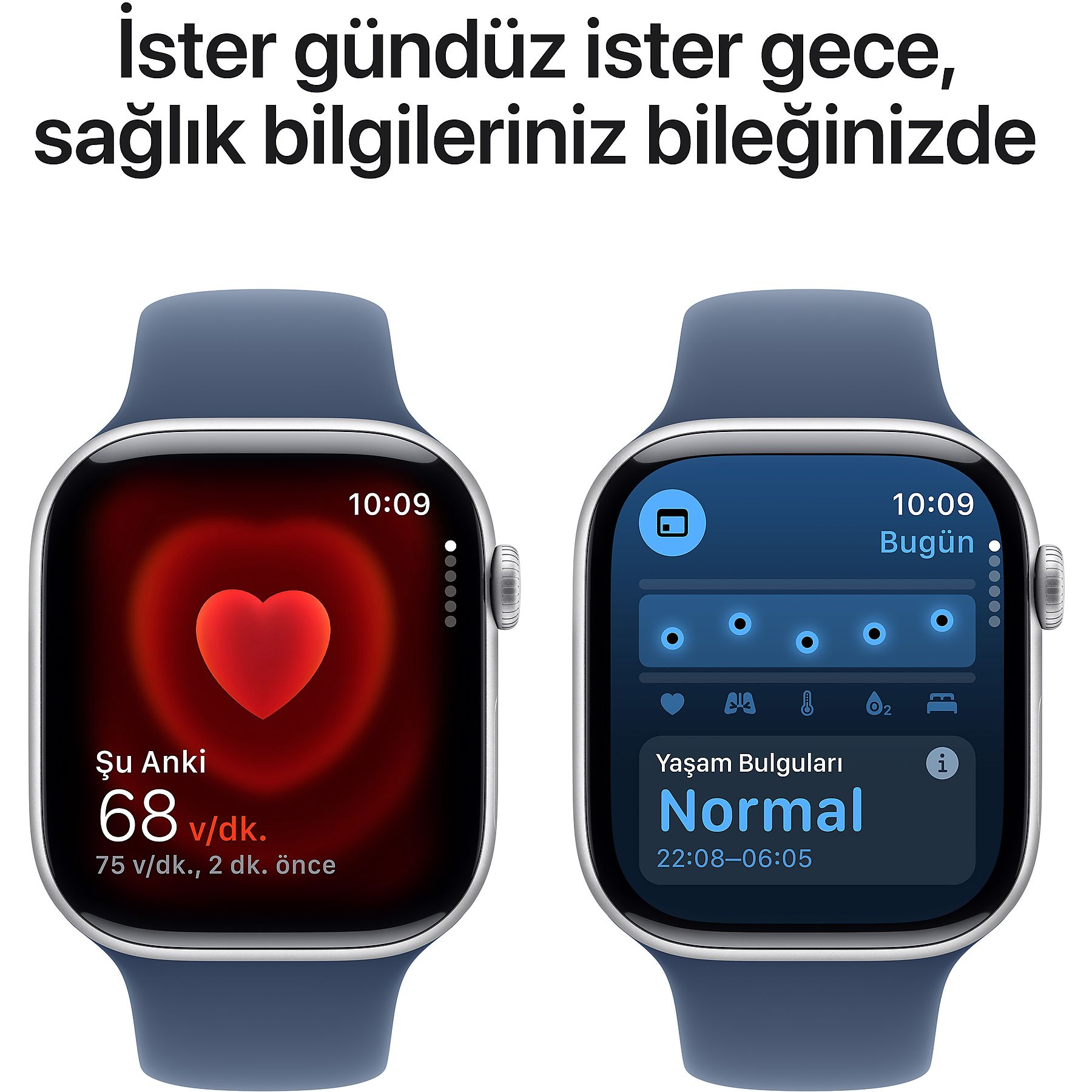 İki akıllı saat sağlık verisi gösteriyor. Solda kalp atış hızı, sağda yaşam bulguları.