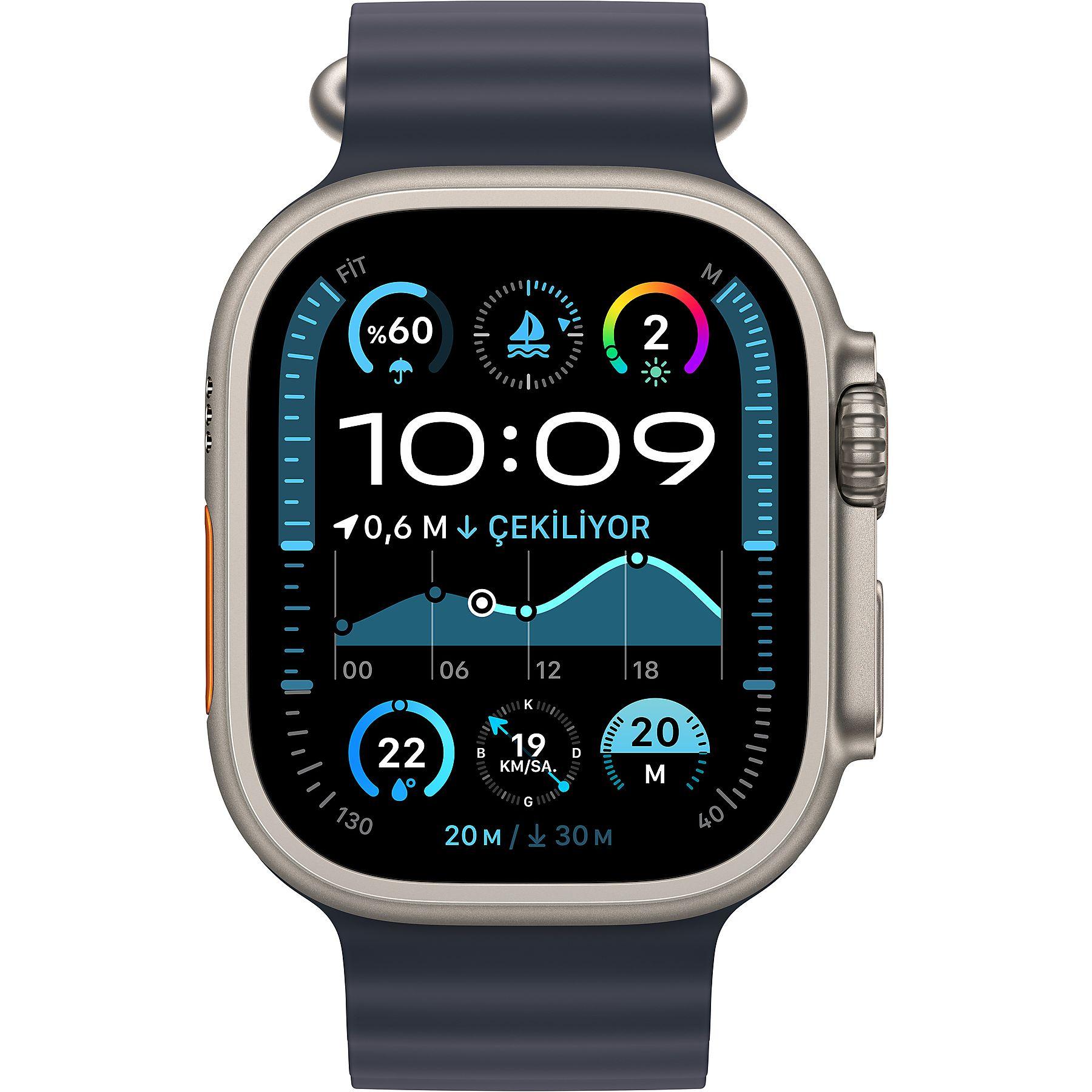 Smartwatch pokazuje 10:09, 60% baterii, pogodę i dane fitness.