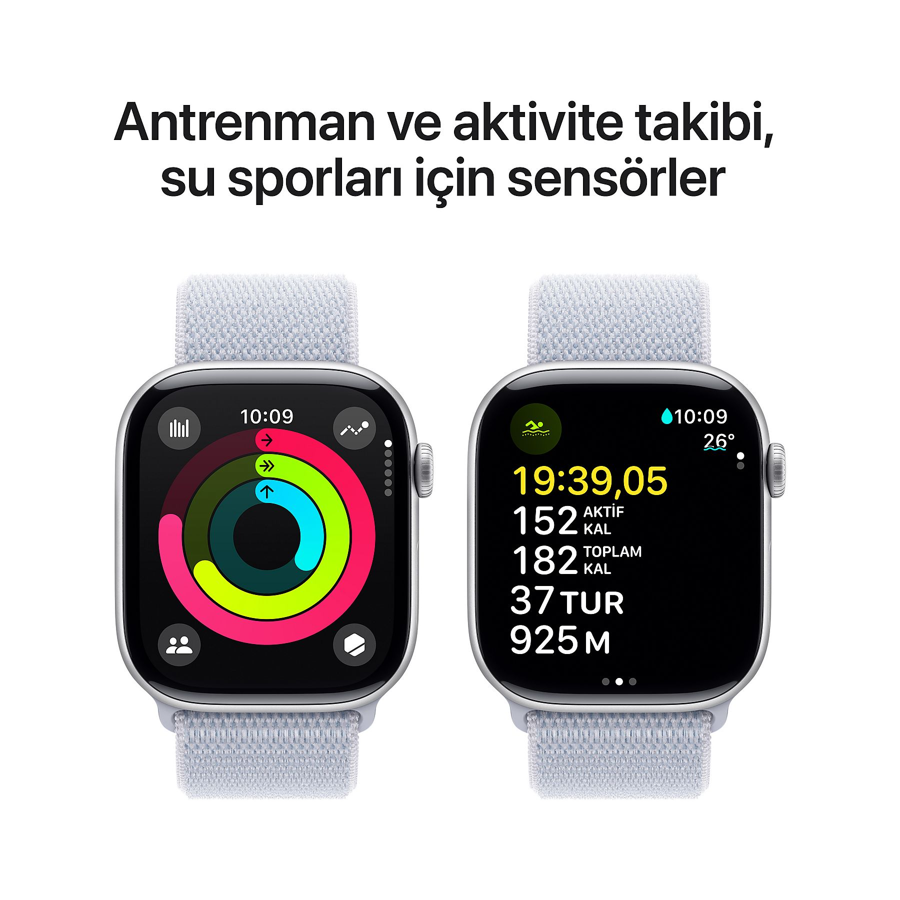 Açık gri kordonlu iki akıllı saat. Biri aktivite halkalarını, diğeri antrenman verilerini gösteriyor.