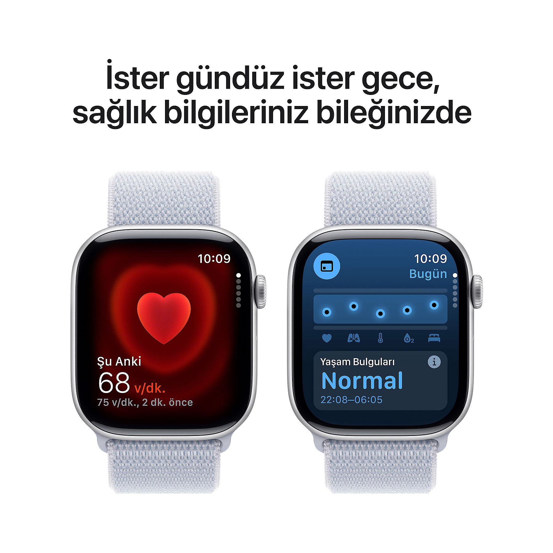 İki akıllı saat sağlık verilerini gösteriyor: nabız ve yaşam bulguları.