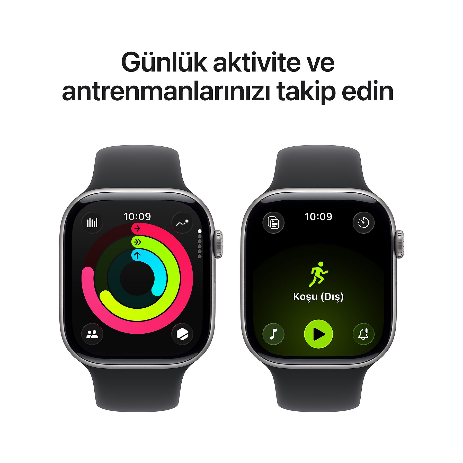 İki akıllı saat aktivite halkalarını ve koşu uygulamasını gösterir.