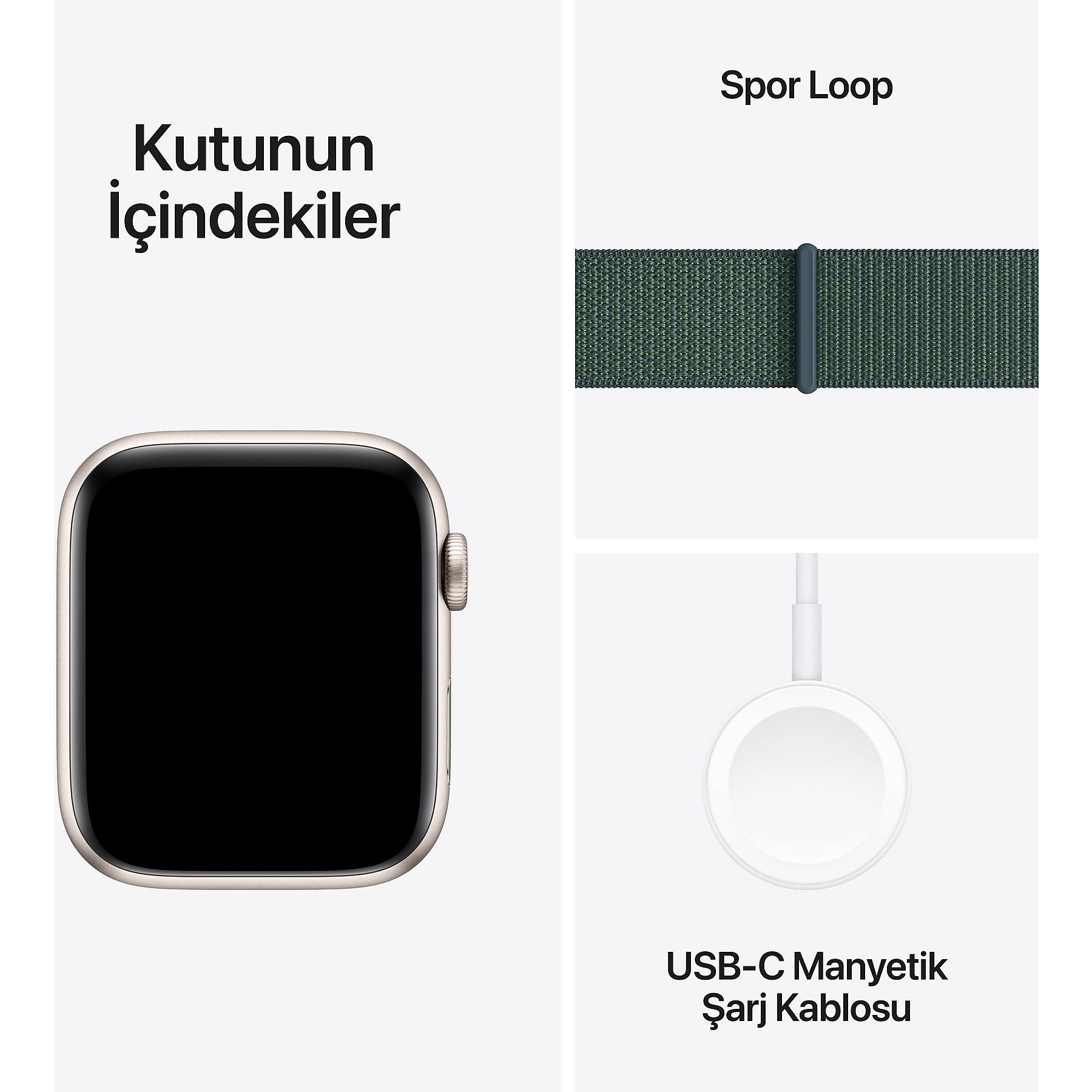 Apple Watch, Spor Kordon ve USB-C şarj kablosu.